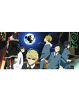 Neon city night anime desk pad 36x16 inches with huge moon, biker silhouette, and sharp-suited crew.