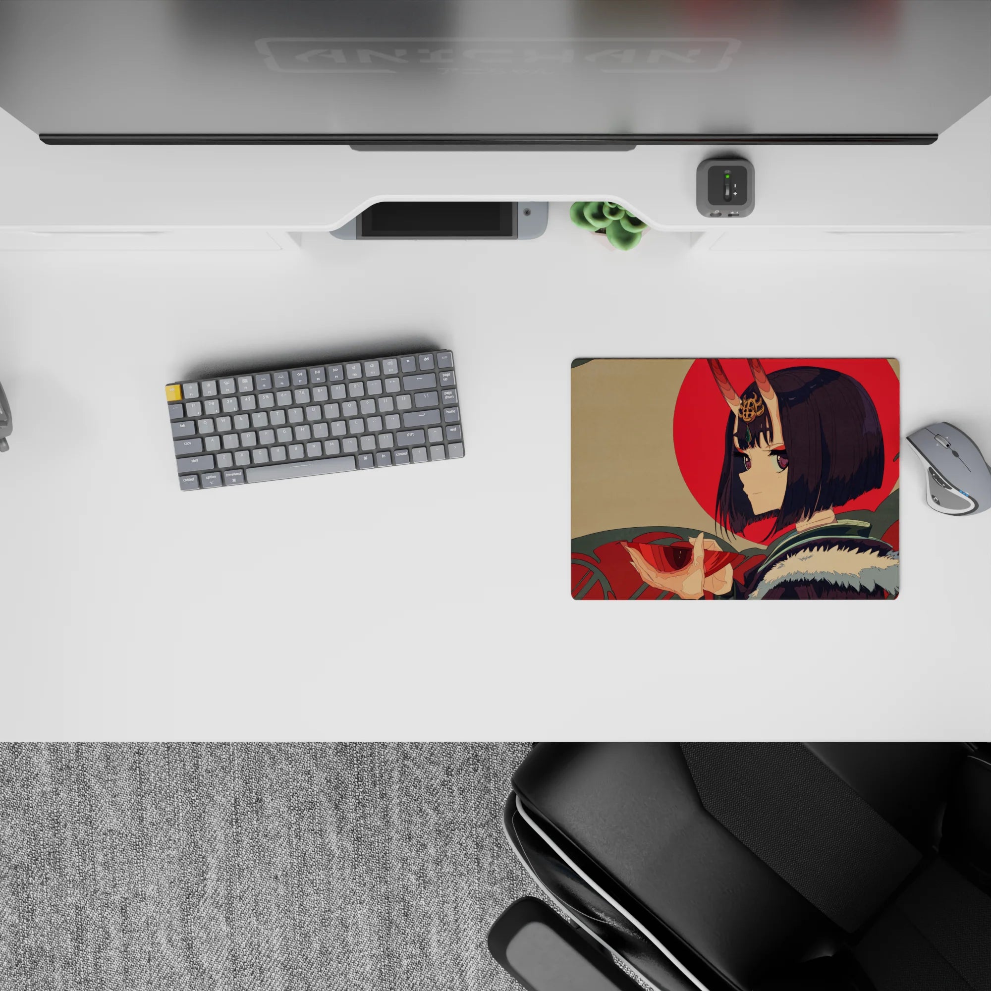 Beige and red sun anime girl mouse pad 14x10 inches, calming warm tones with teal patterns.