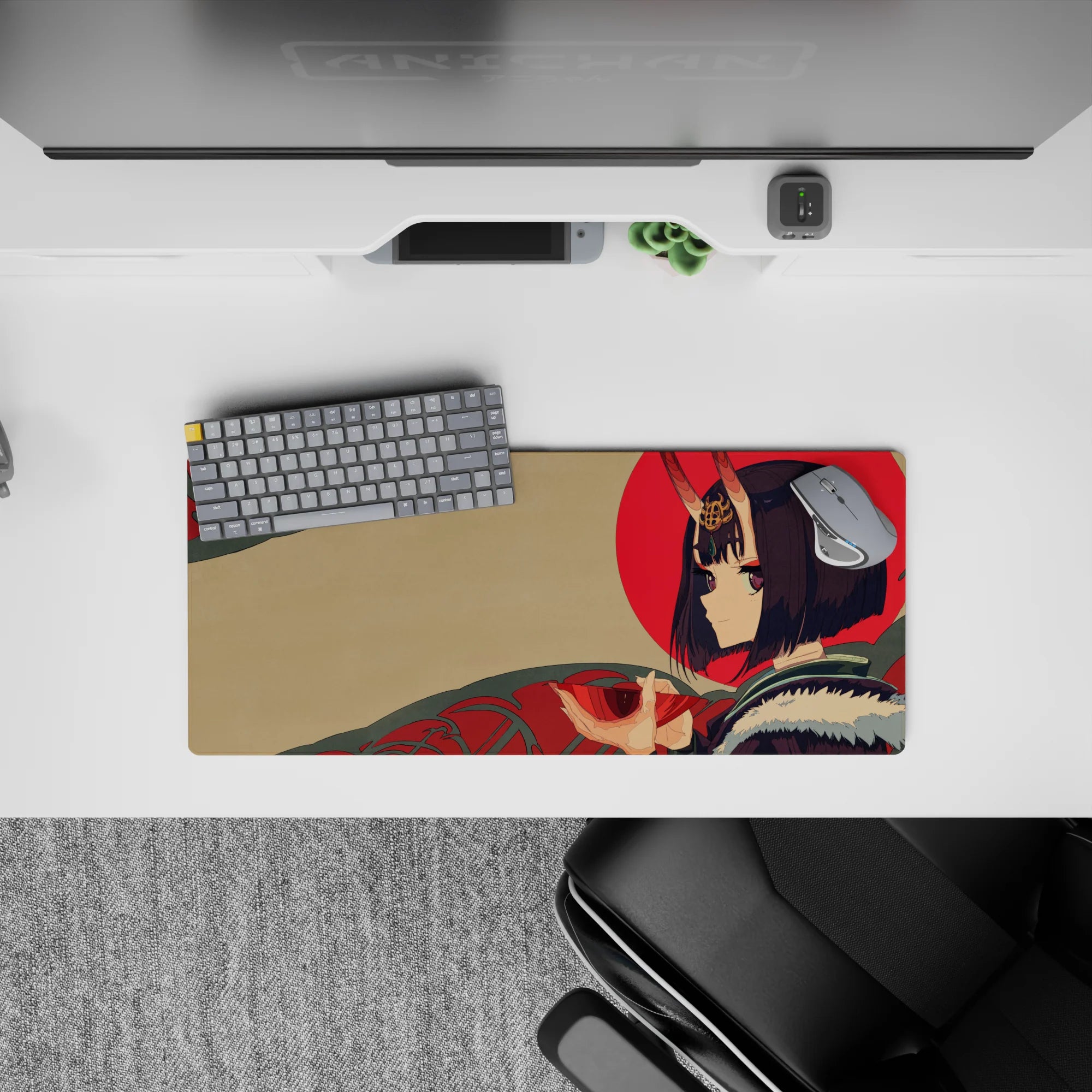 28x12 inches anime girl mouse pad in soft beige with bold red sun and calming teal accents, warm mood.