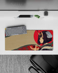 28x12 inches anime girl mouse pad in soft beige with bold red sun and calming teal accents, warm mood.