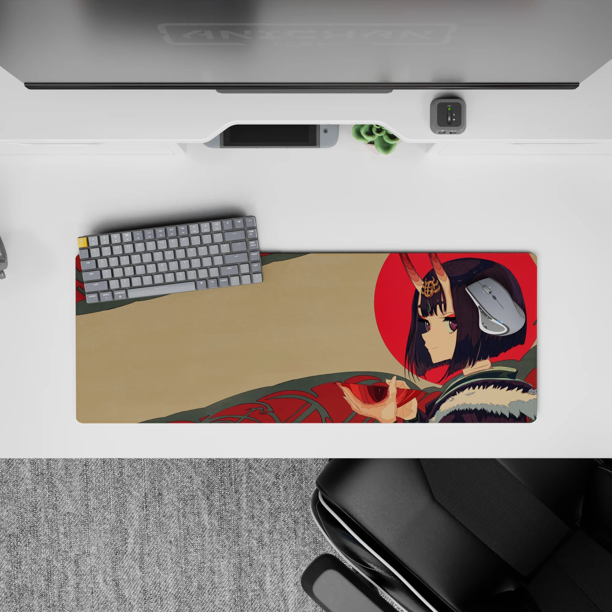 32x12 inches extended anime mouse pad in warm beige with bold red sun, calming teal patterns.