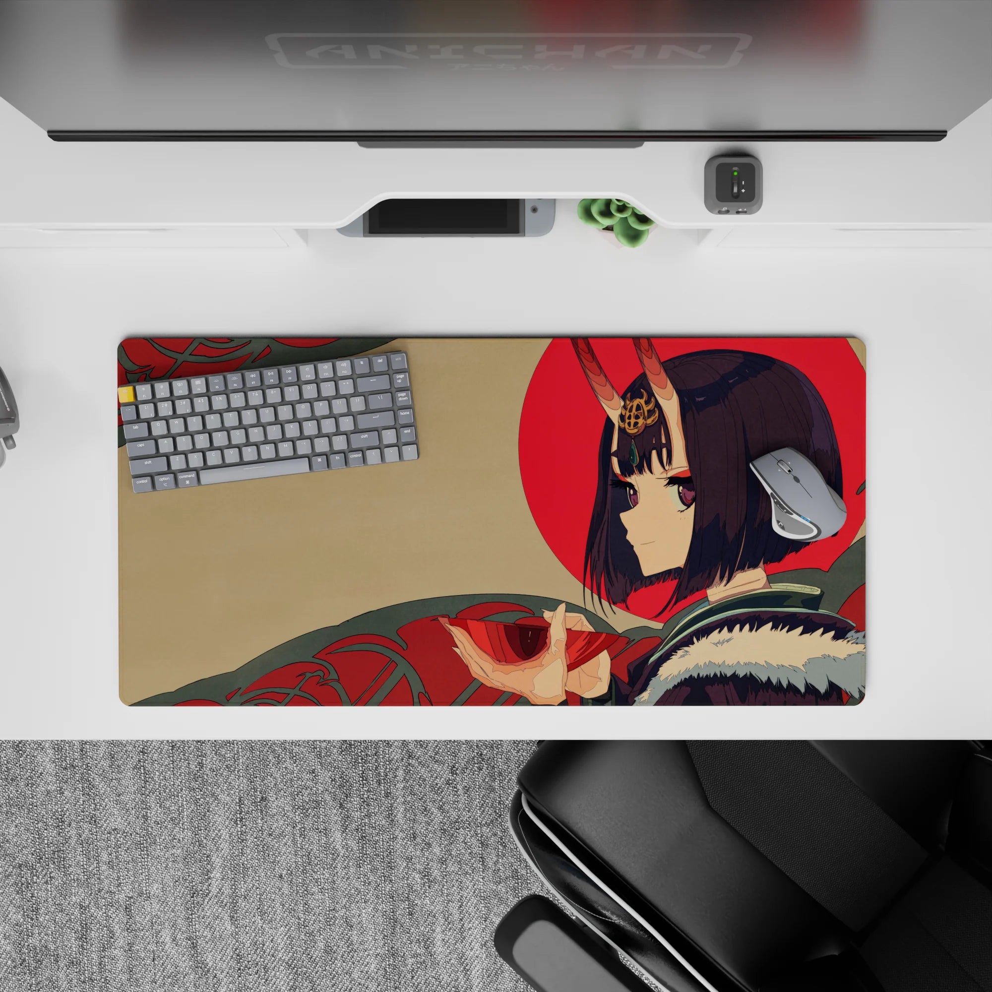 32x16 inches anime girl mouse pad in warm beige with bold red sun and calming teal patterns, cozy vibe.