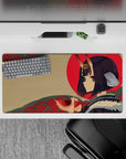 32x16 inches anime girl mouse pad in warm beige with bold red sun and calming teal patterns, cozy vibe.