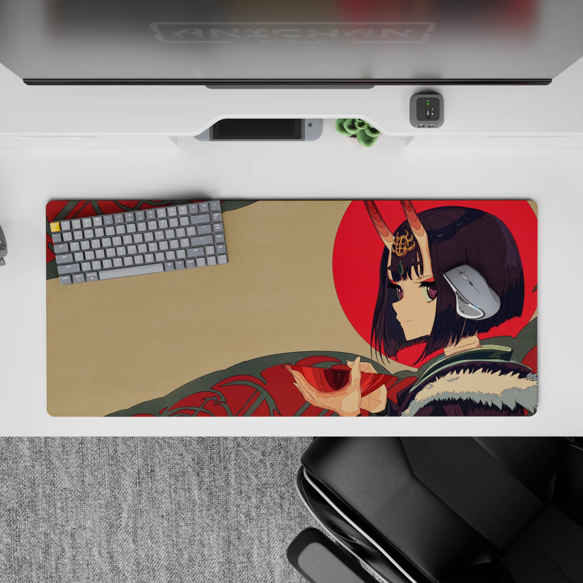 36x16 inches desk pad in soft beige with bold red sun and teal patterns, calm mischievous vibe.