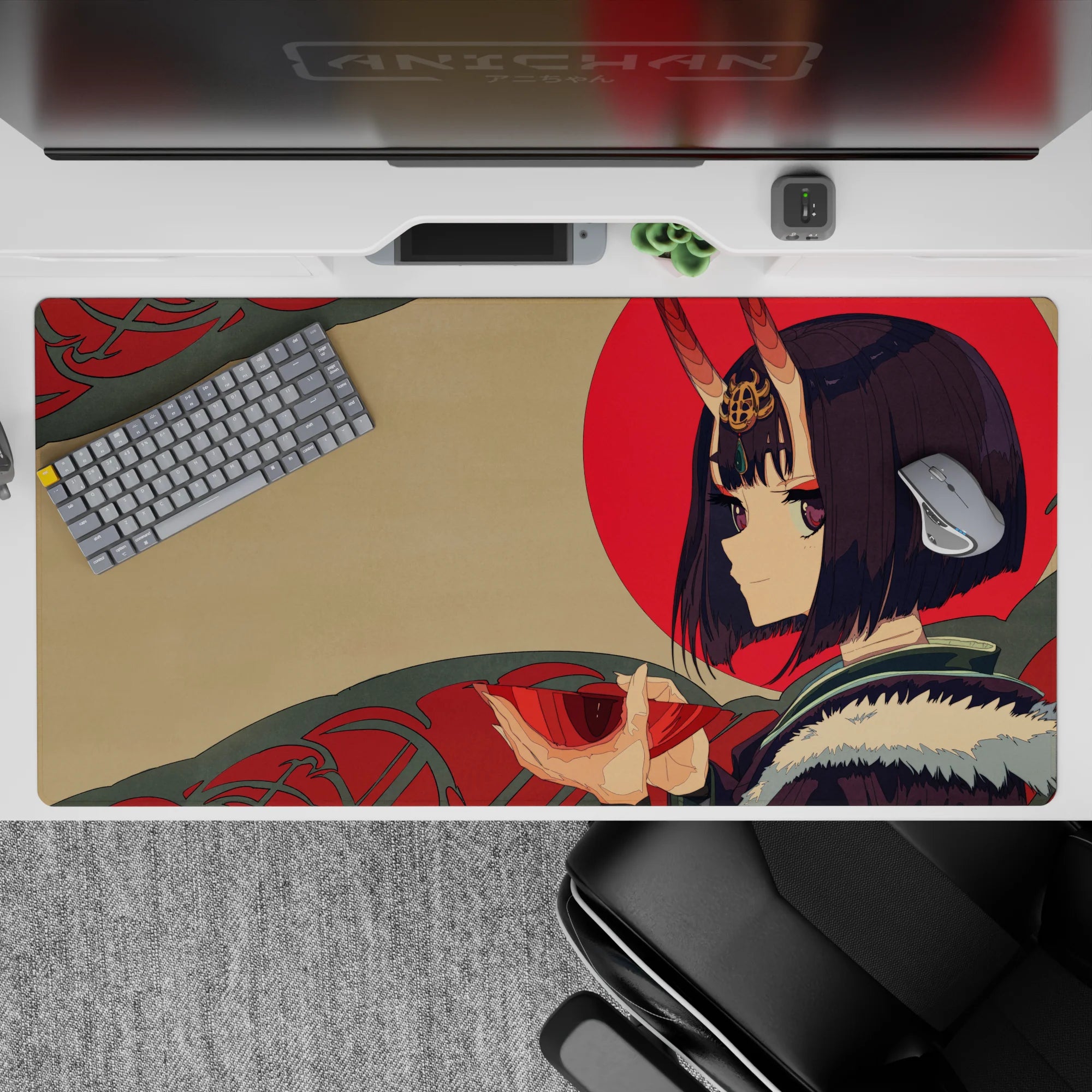 Calming warm-tone anime girl desk pad 40x20 inches in beige, bold red sun, and swirling teal accents.