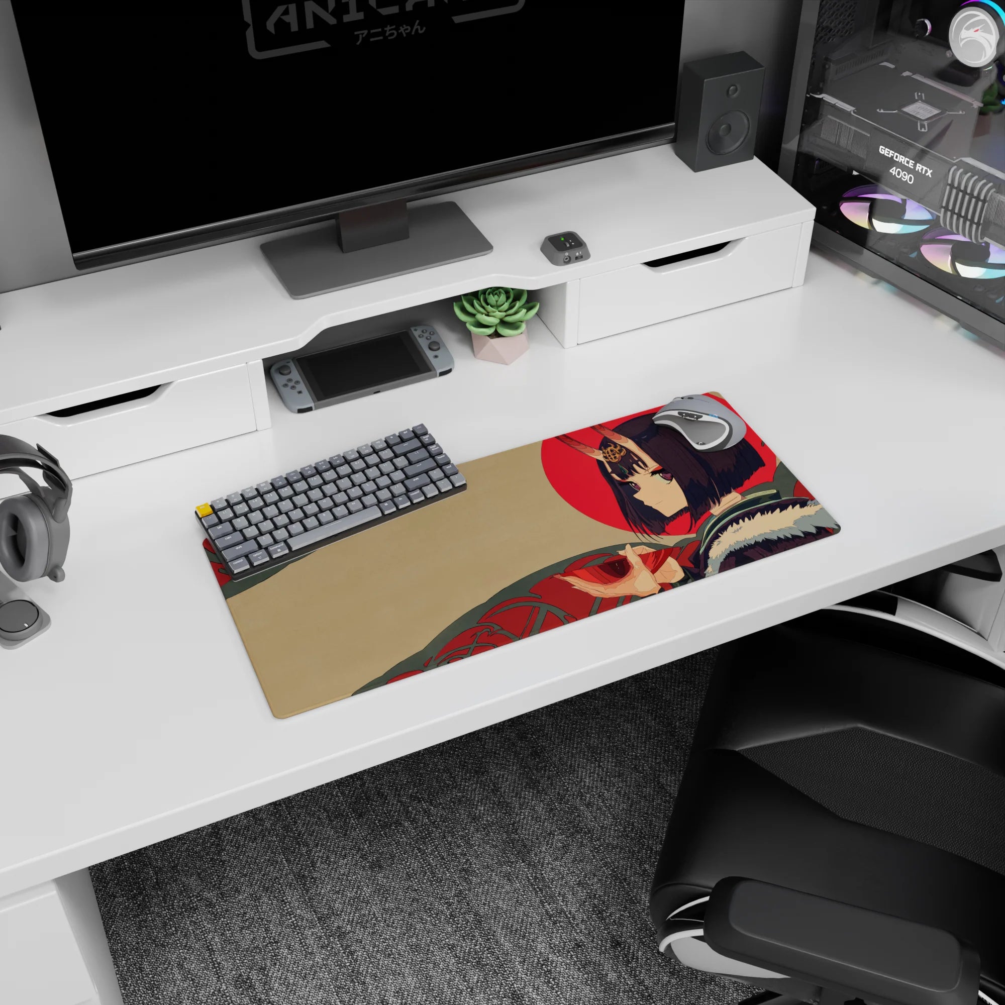 28x12 inches Fate/Grand Order Shuten-Douji mouse pad, violet hair and fur collar, sly stare at desk.