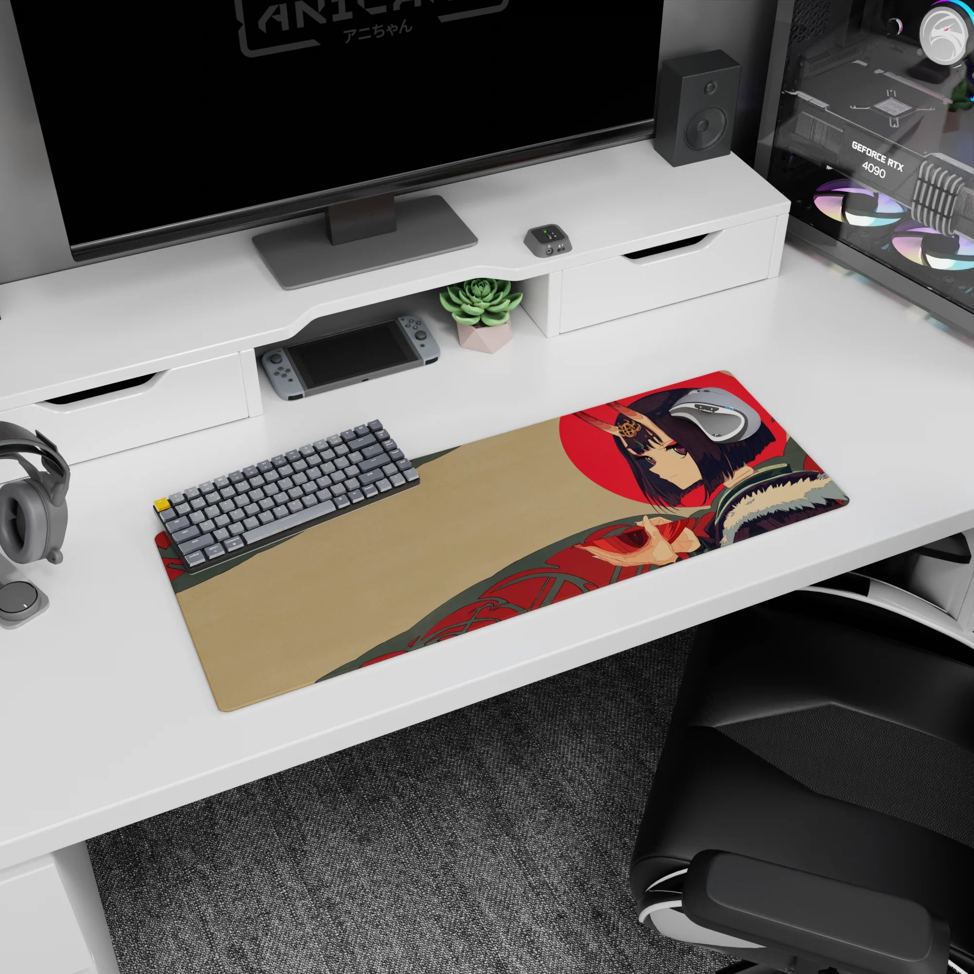 32x12 inches desk mouse pad showing Shuten Douji staring ahead, violet hair, oni horns, fur collar.