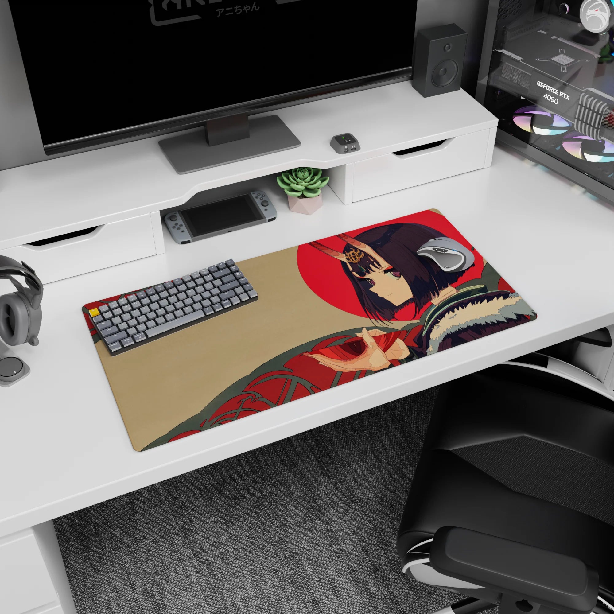 32x16 inches Shuten Douji Fate/Grand Order mouse pad, violet hair oni horns and fur collar, sly gaze.