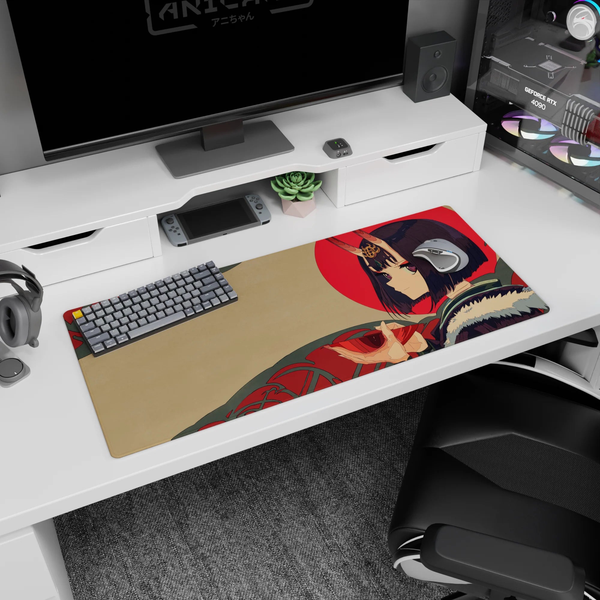 36x16 inches Shuten Douji mouse pad, violet hair and oni horns, fur collar, gazing off thoughtfully.