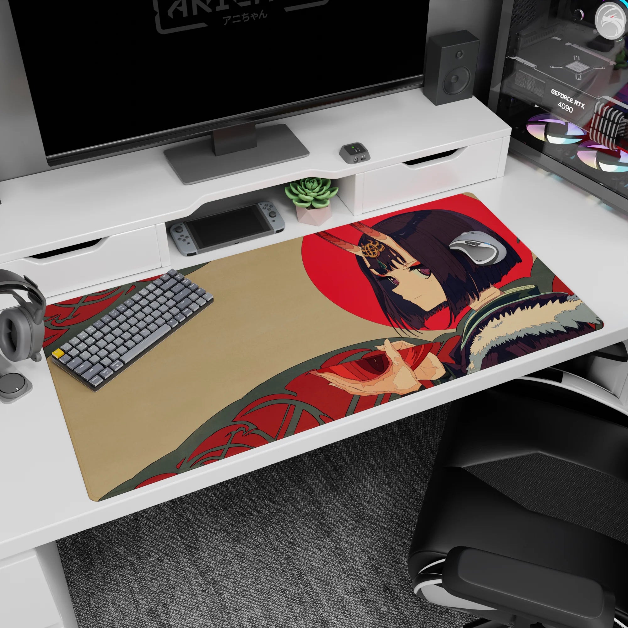 Shuten Douji from Fate/Grand Order anime girl desk pad 40x20 inches, violet hair, horns, fur collar.