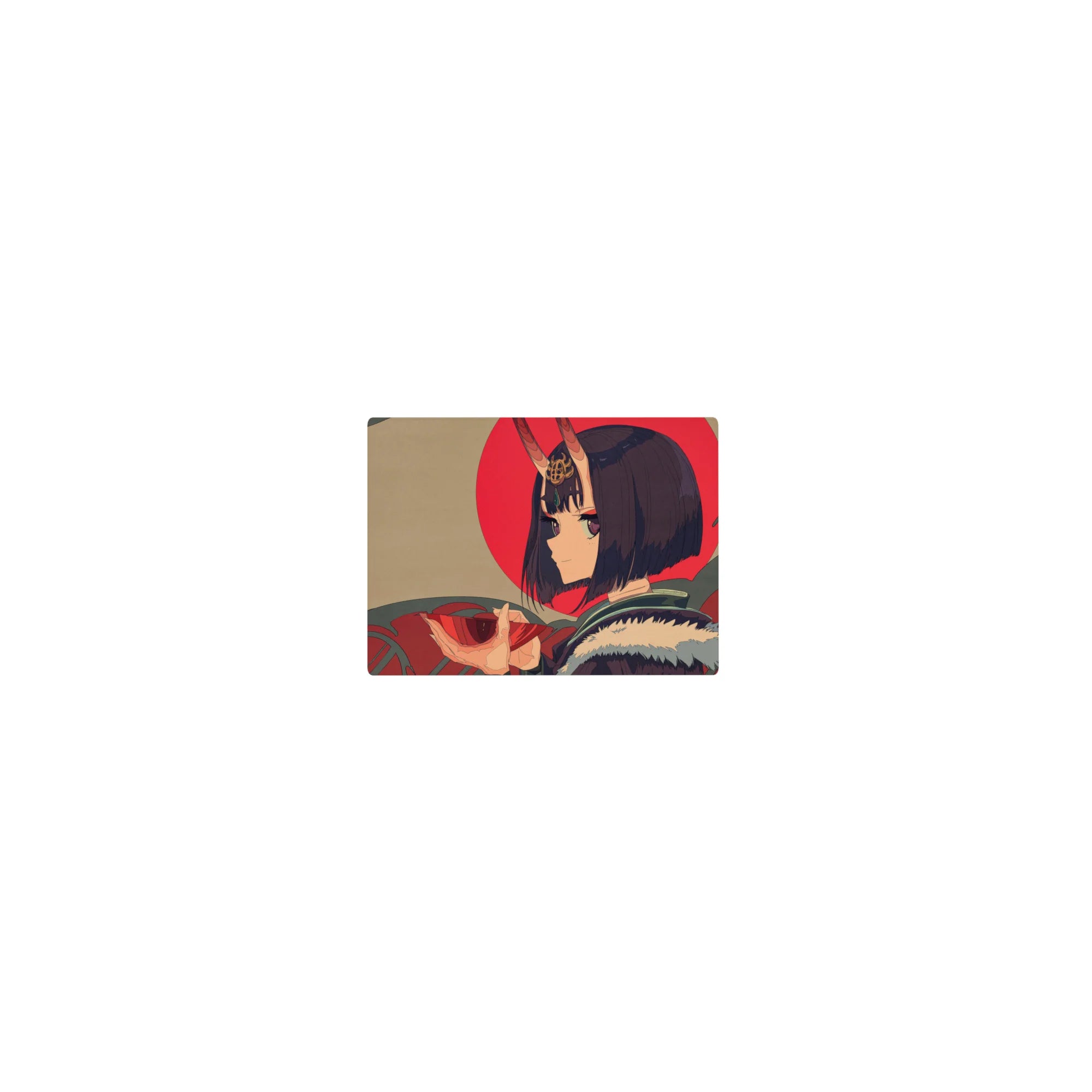 Classic anime girl mouse pad 14x10 inches with oni-horned girl, red sun backdrop, teal swirls.