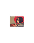 Classic anime girl mouse pad 14x10 inches with oni-horned girl, red sun backdrop, teal swirls.