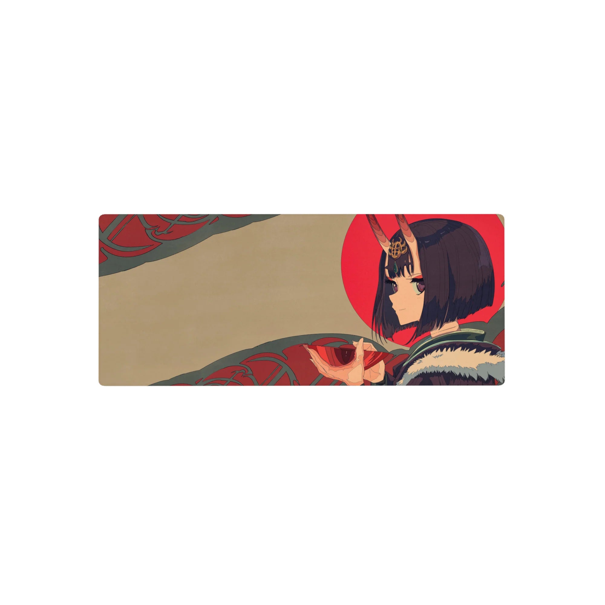 28x12 inches anime girl mouse pad with oni-horned girl, red sun backdrop, and teal swirl patterns.