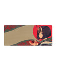 28x12 inches anime girl mouse pad with oni-horned girl, red sun backdrop, and teal swirl patterns.