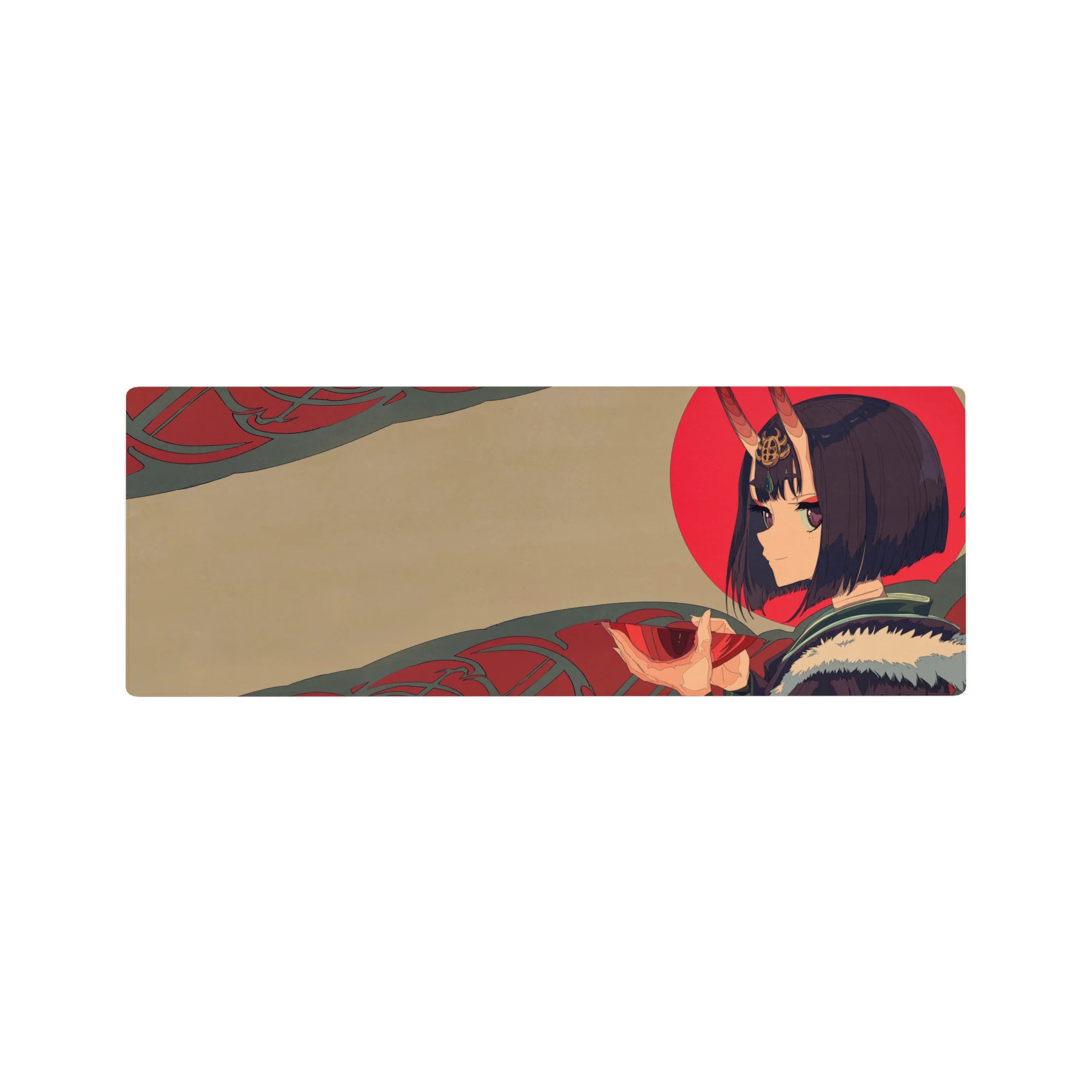 32x12 inches anime girl mouse pad with Shuten Douji, beige backdrop, red sun, teal swirls, horns.