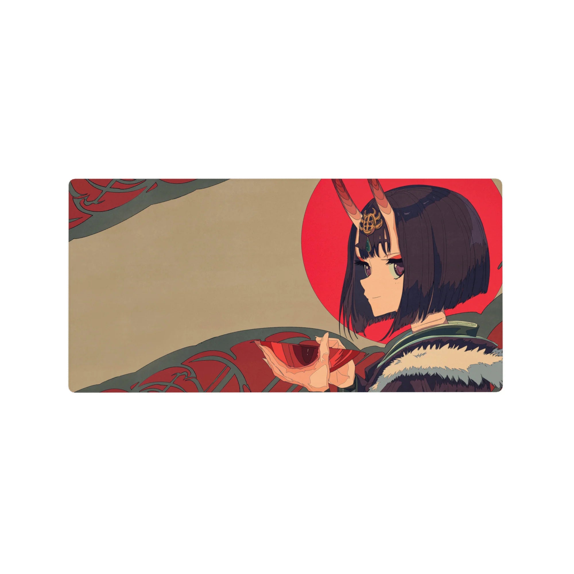 32x16 inches anime girl mouse pad with beige backdrop, red sun, teal swirls, and oni horn portrait art.