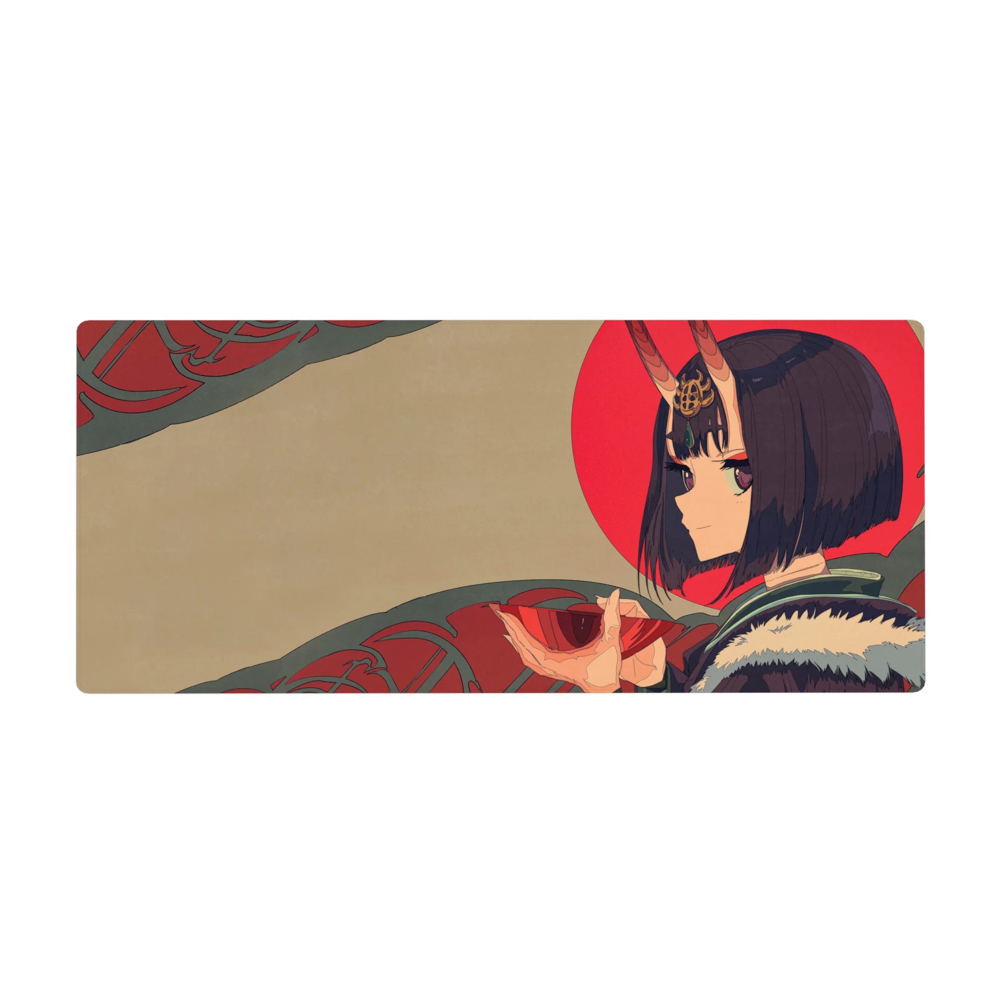36x16 inches anime girl desk pad with Shuten Douji art, red sun backdrop and teal swirls.