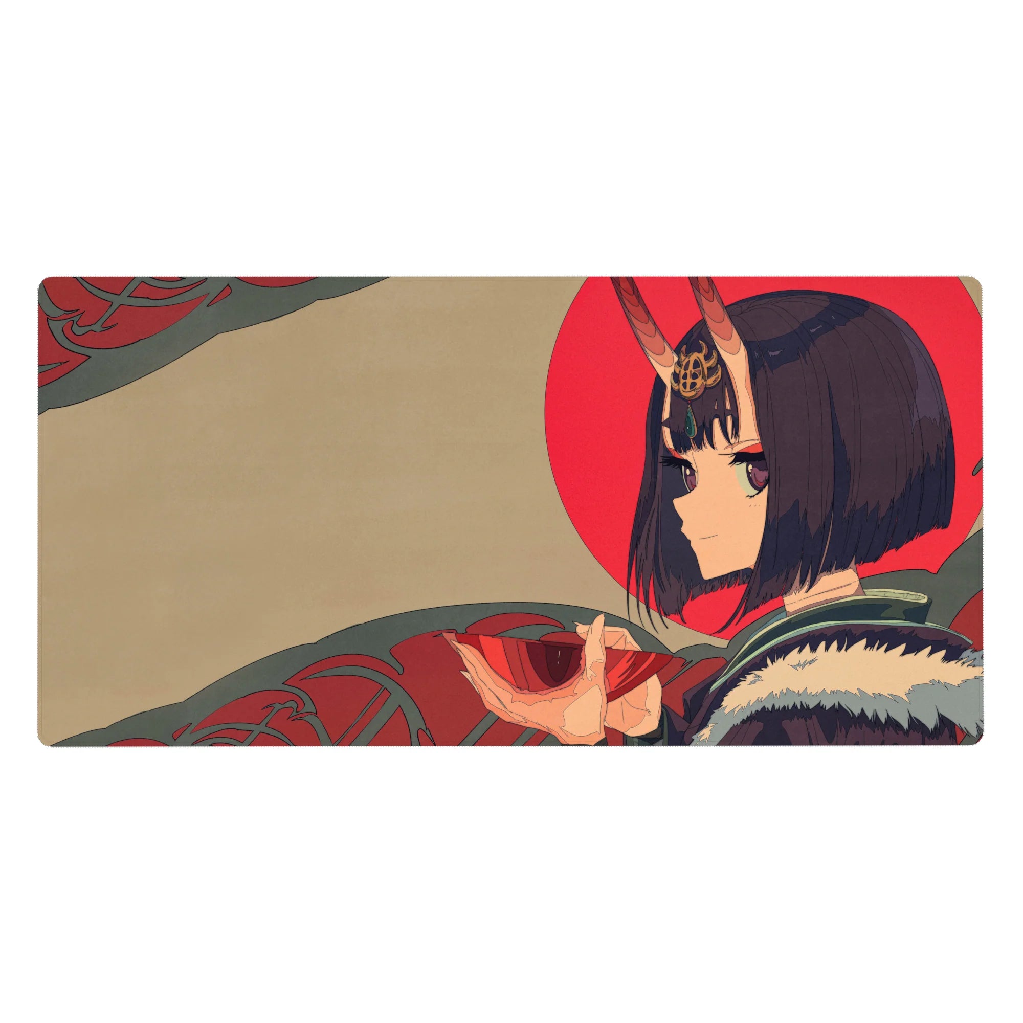Anime girl desk pad 40x20 inches with beige backdrop, red sun, teal swirls, and oni-horned portrait.