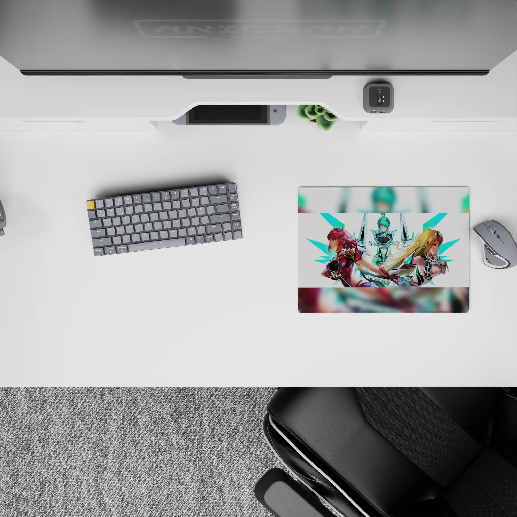 Neon teal cyber glow anime girl mouse pad 14x10 inches, crisp white background with ruby, aqua, blonde hair.