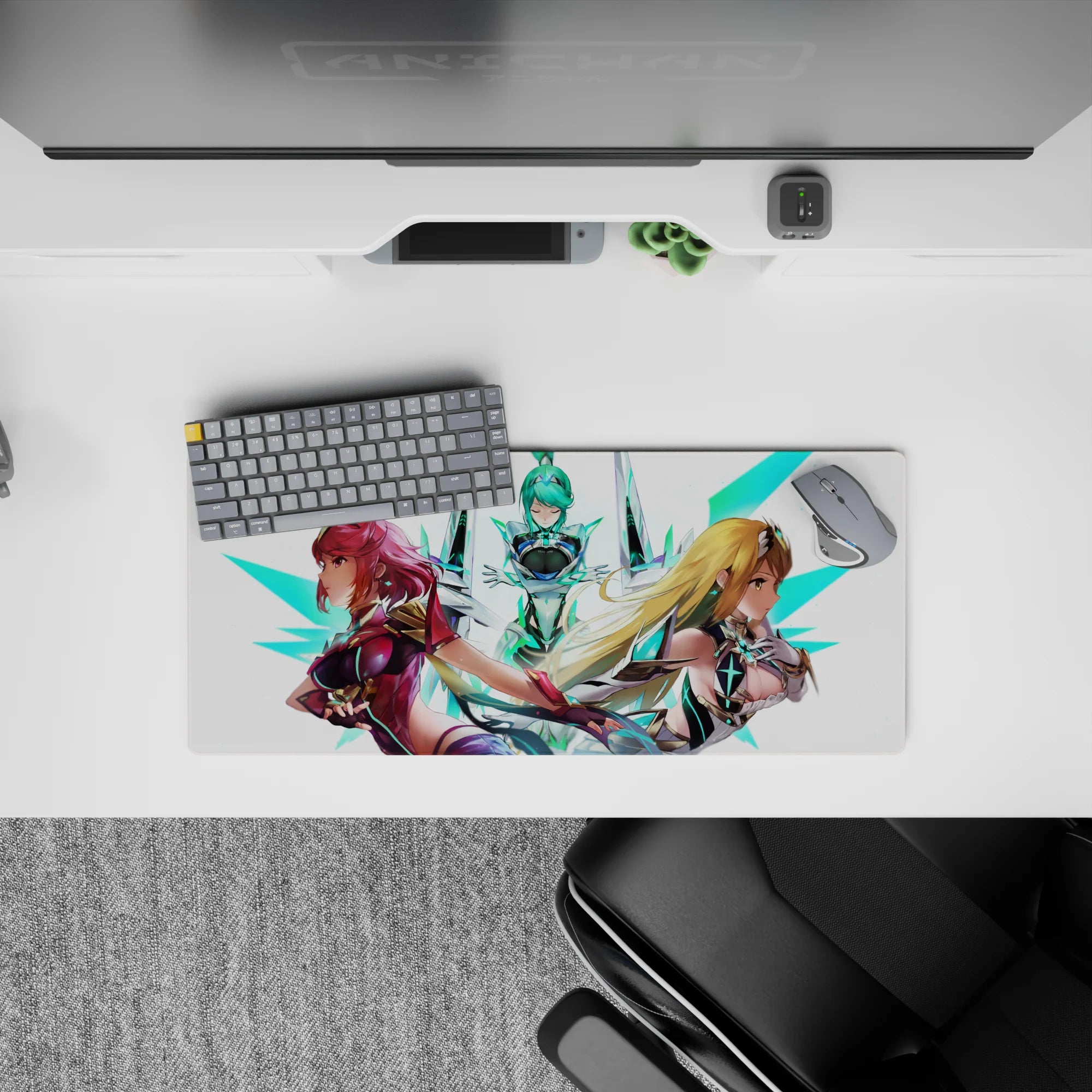 28x12 inches anime girl mouse pad in cyber glow colors—ruby, aqua, honey blonde hair with teal accents.