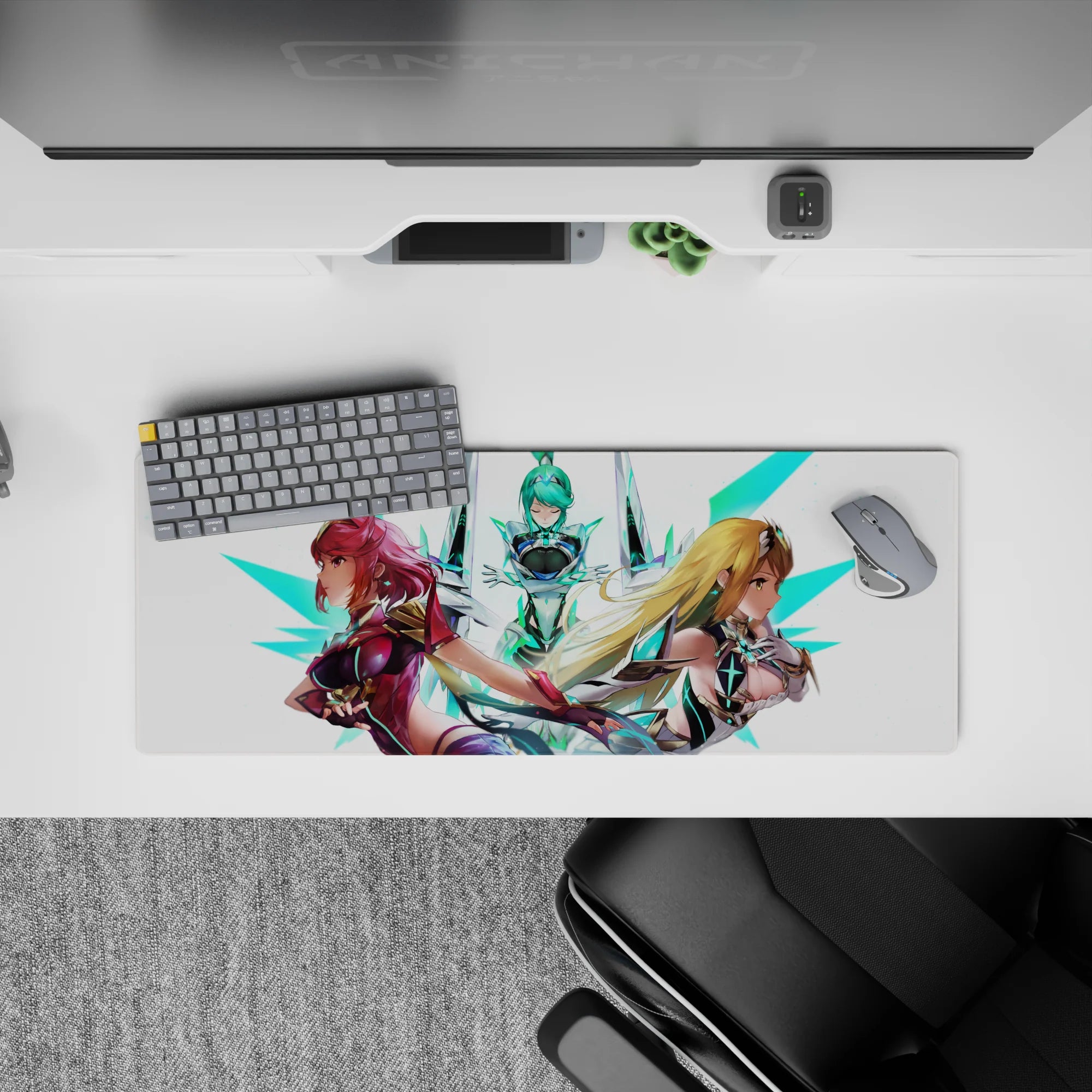 32x12 inches anime girl mouse pad in cyber glow colors—ruby, aqua, honey blonde—clean white, neon teal.