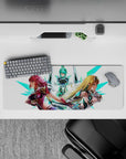 32x12 inches anime girl mouse pad in cyber glow colors—ruby, aqua, honey blonde—clean white, neon teal.
