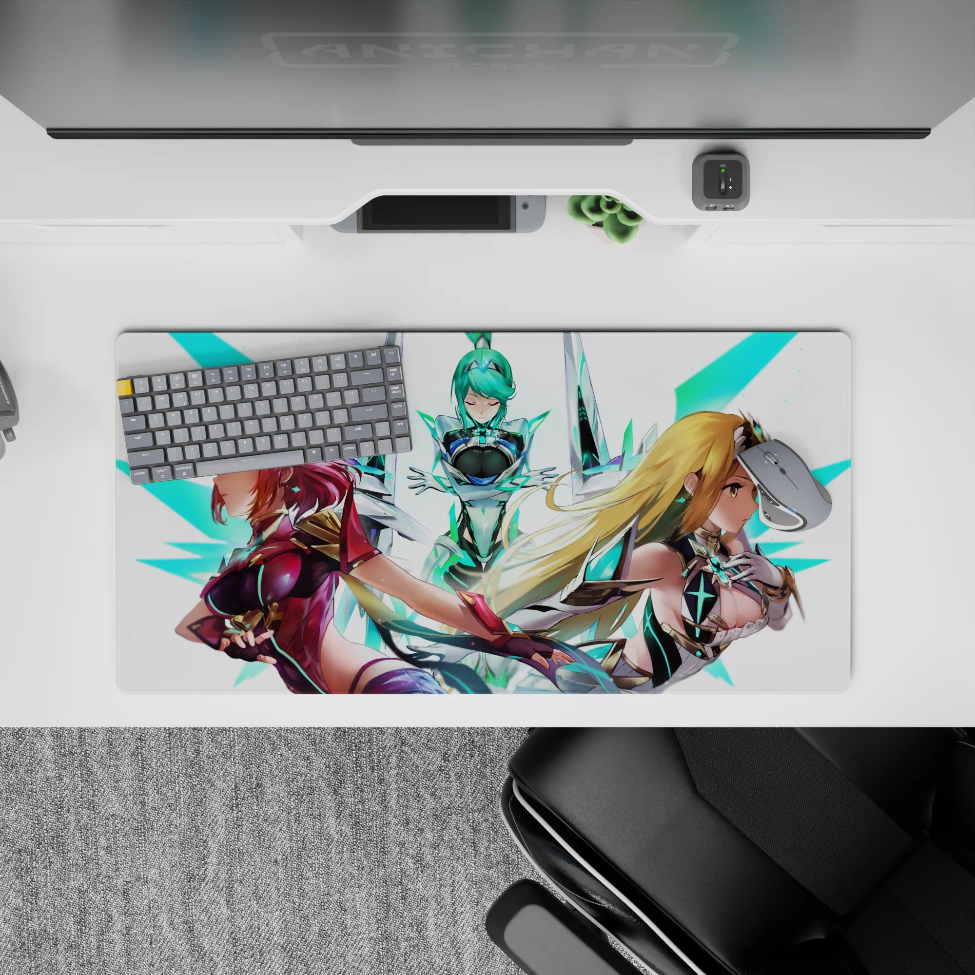 32x16 inches anime girl mouse pad with cyber glow colors: ruby, aqua, honey blonde, bright teal accents.