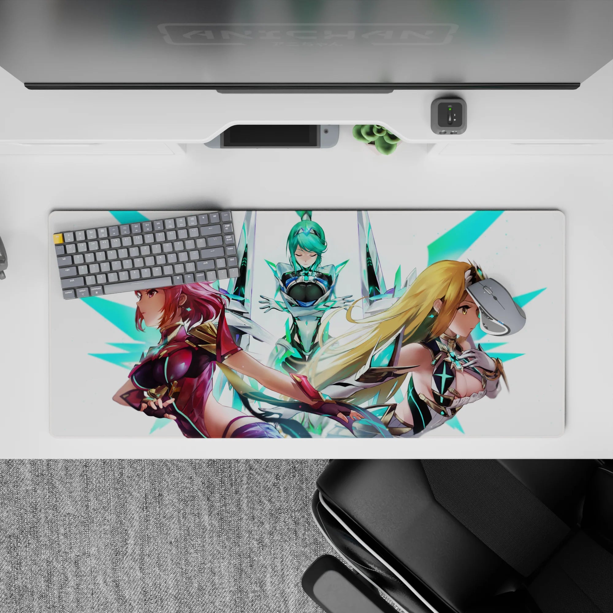 36x16 inches anime girl desk pad in cyber glow colors—ruby, aqua, honey blonde—bright and futuristic.