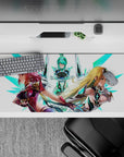 36x16 inches anime girl desk pad in cyber glow colors—ruby, aqua, honey blonde—bright and futuristic.