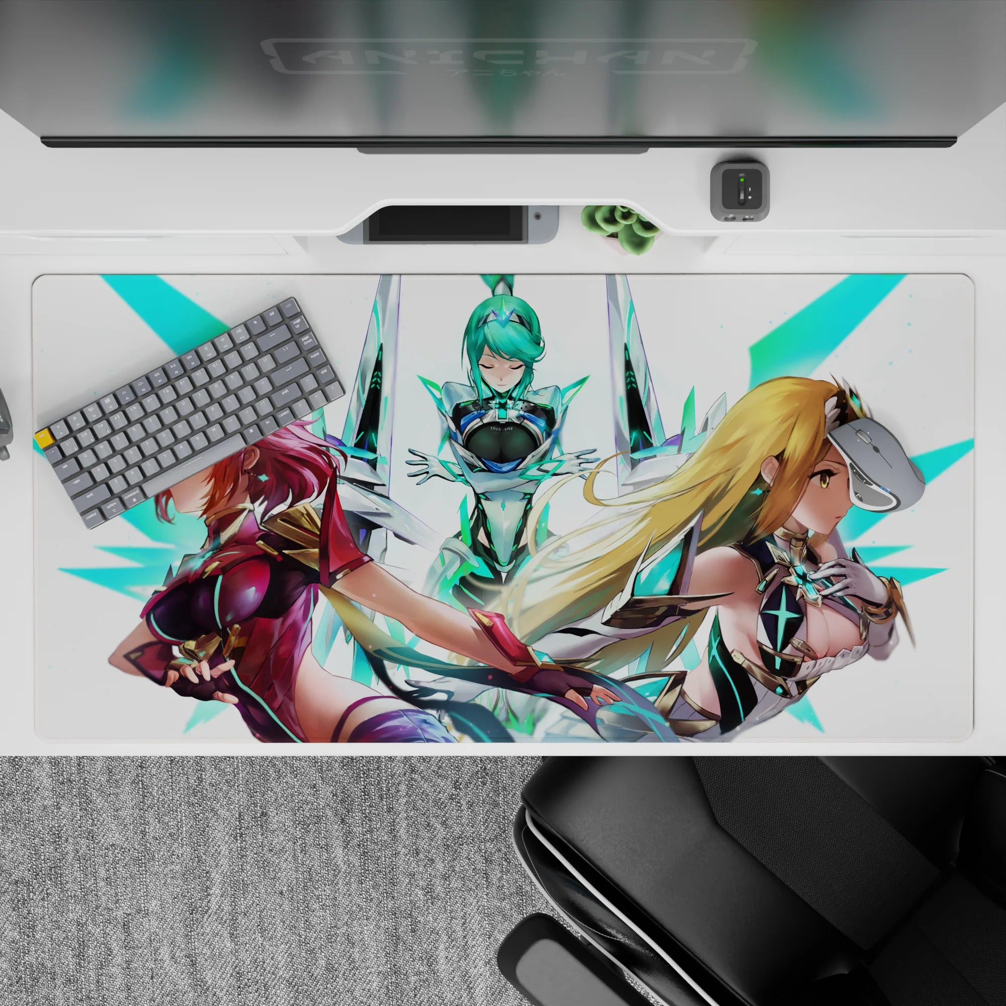 Cyber glow anime girl desk pad in ruby, aqua, and honey blonde on crisp white, 40x20 inches.