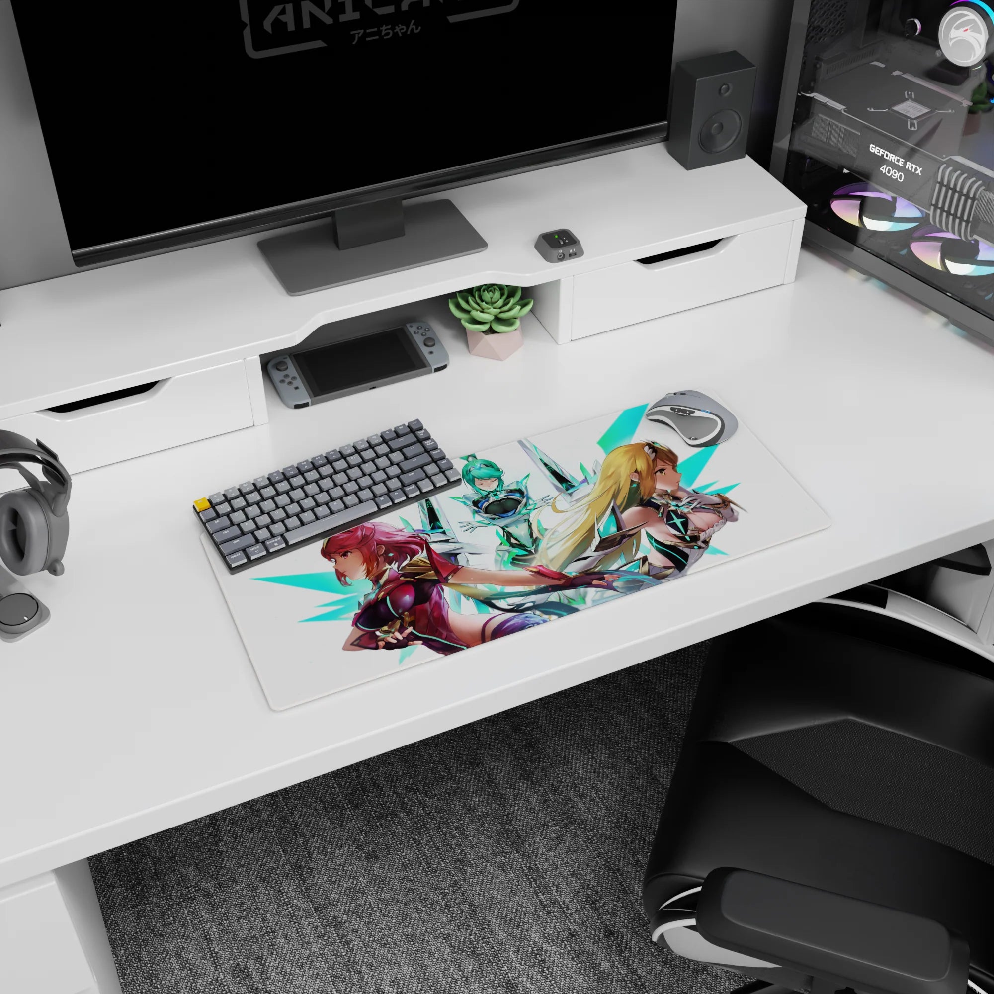 28x12 inches anime girl mouse pad showing a trio of armored heroines with flowing hair and teal shards.