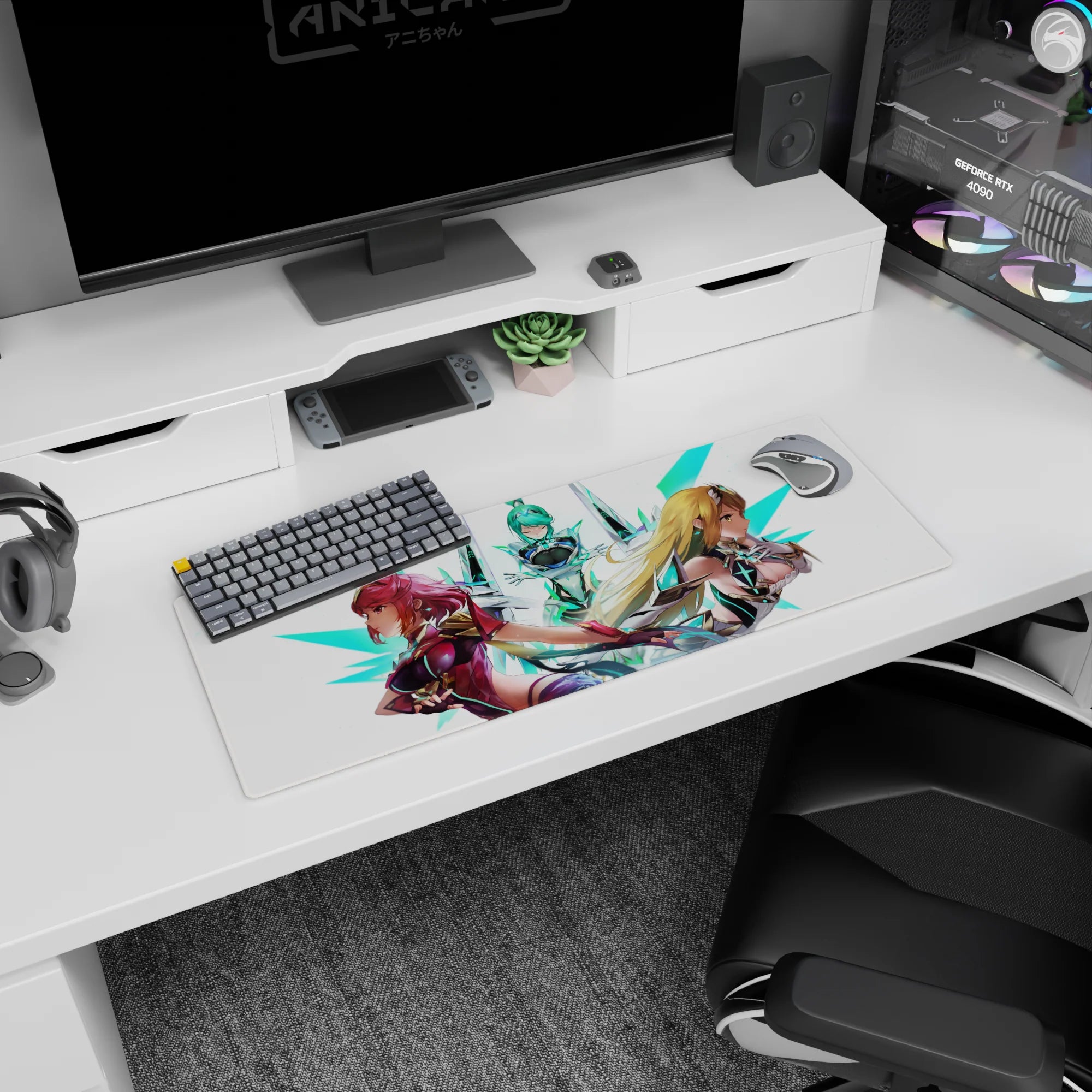 32x12 inches anime girl mouse pad showing a trio of armored heroines with flowing hair in a neon teal scene.