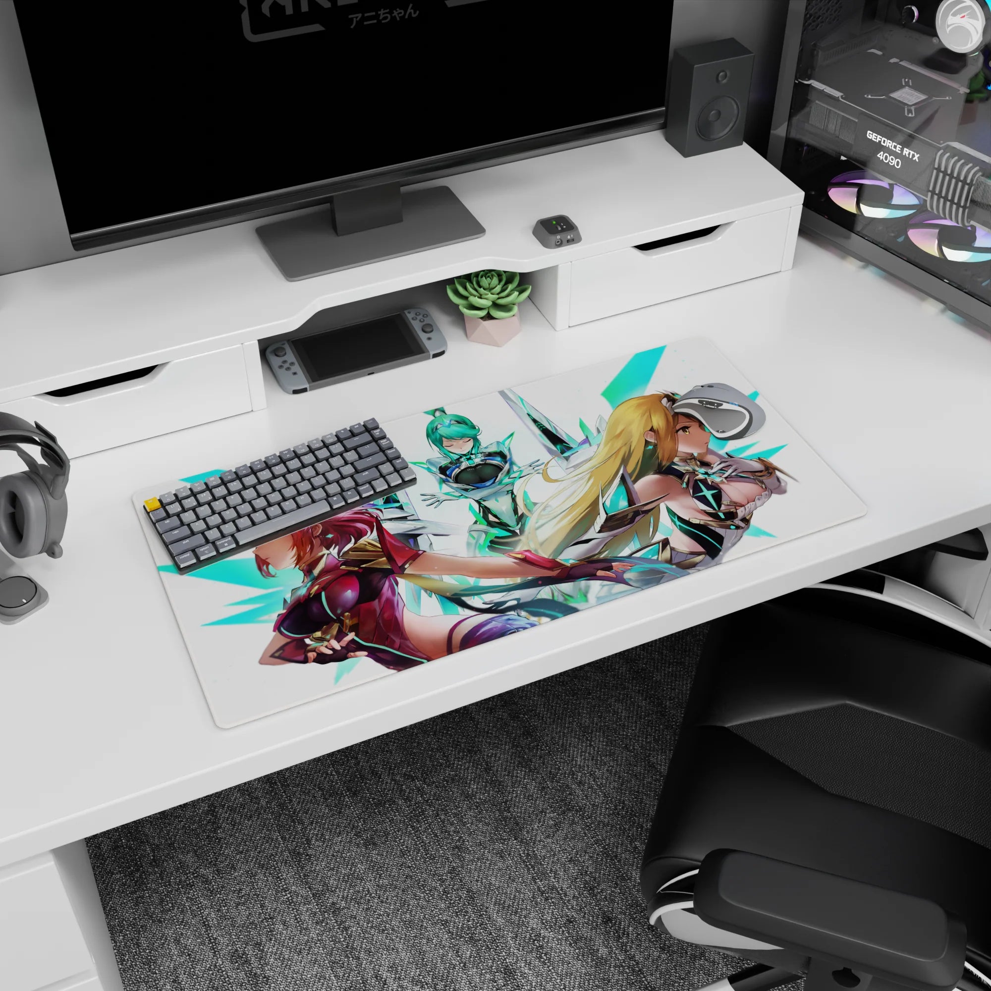 32x16 inches anime girl mouse pad showing trio of armored heroines with flowing hair on crisp white backdrop.