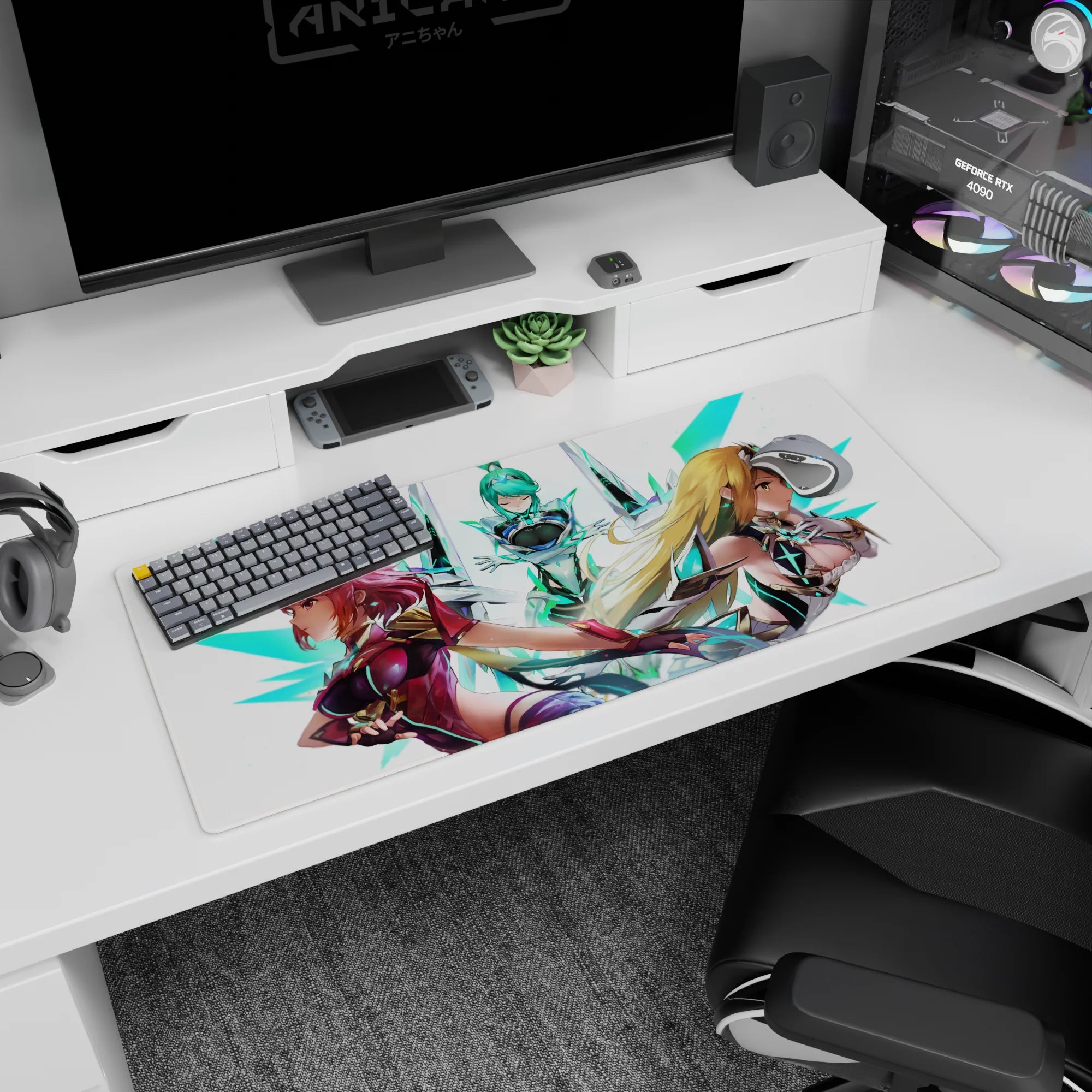 36x16 inches anime girl desk pad scene of three armored heroines with flowing hair over crisp white.