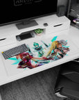 36x16 inches anime girl desk pad scene of three armored heroines with flowing hair over crisp white.