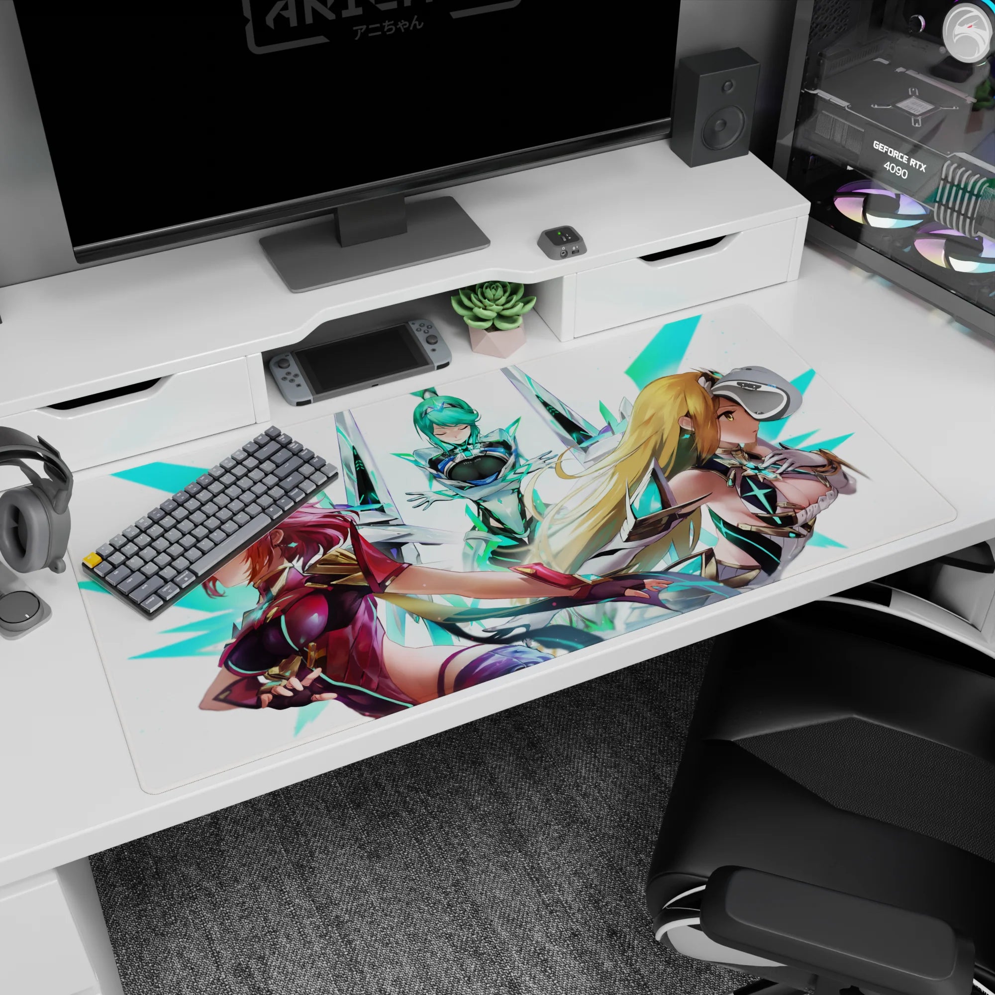 Three futuristic anime girls with flowing hair in armor on white, neon teal accents, 40x20 inches.