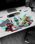 Three futuristic anime girls with flowing hair in armor on white, neon teal accents, 40x20 inches.