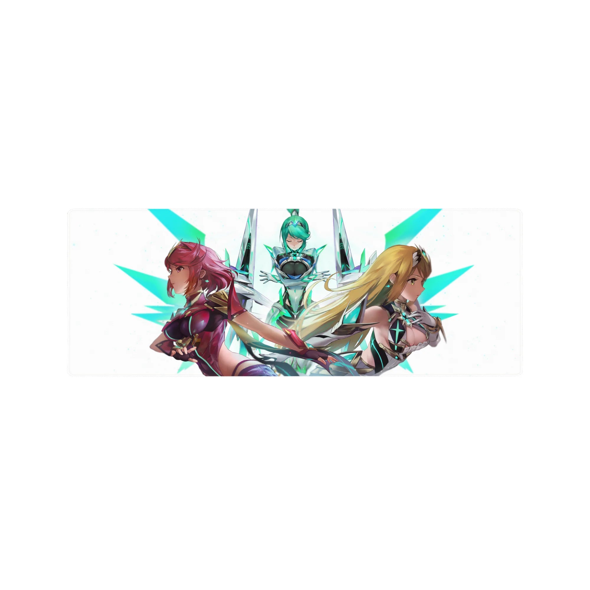 32x12 inches anime girl mouse pad with three sci‑fi heroines, glossy armor, neon teal shards on white.