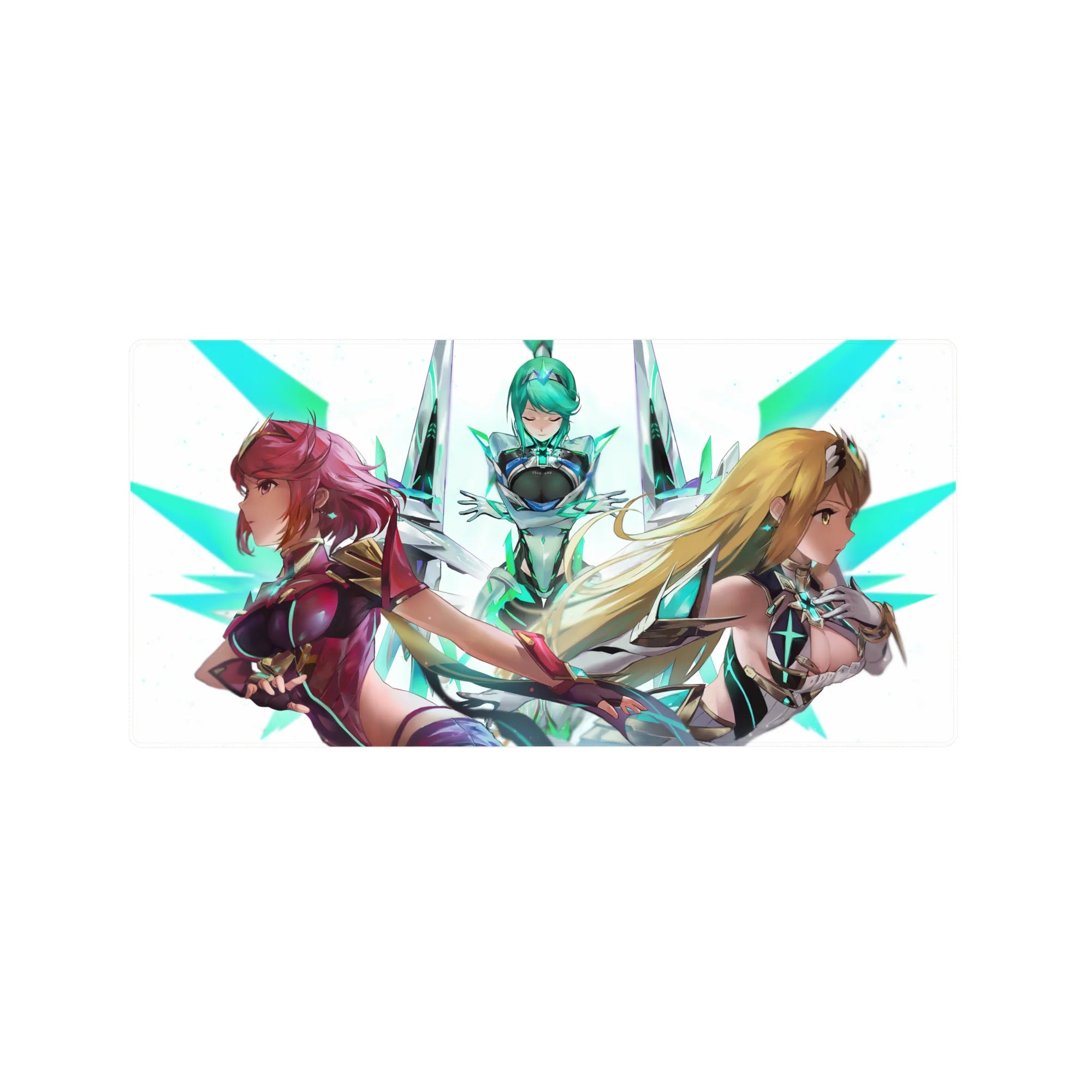 32x16 inches anime girl mouse pad with three sci-fi heroines, glossy armor, neon teal shards on white.