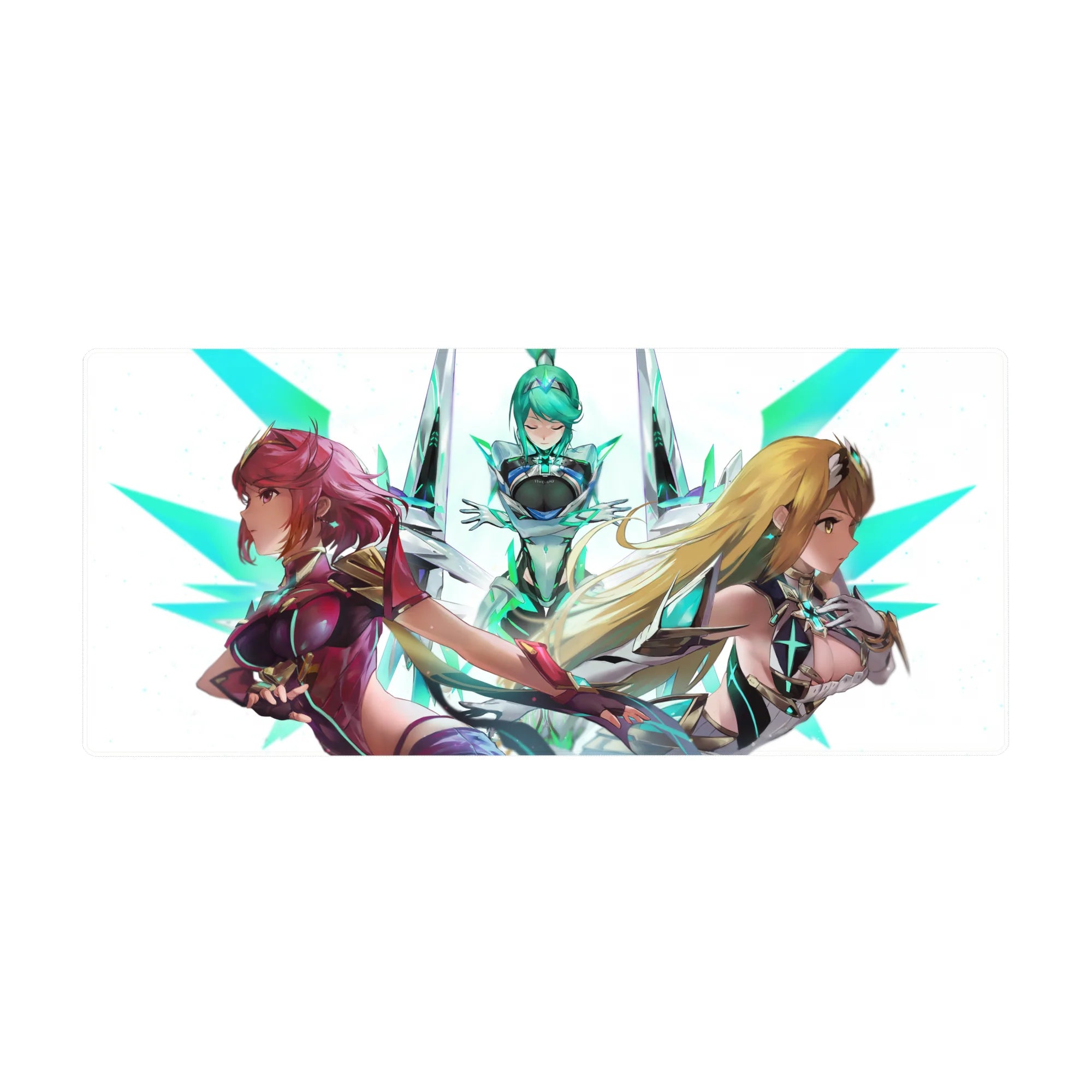 36x16 inches anime girl desk pad with three sci-fi heroines, glossy armor, neon teal shards on white.