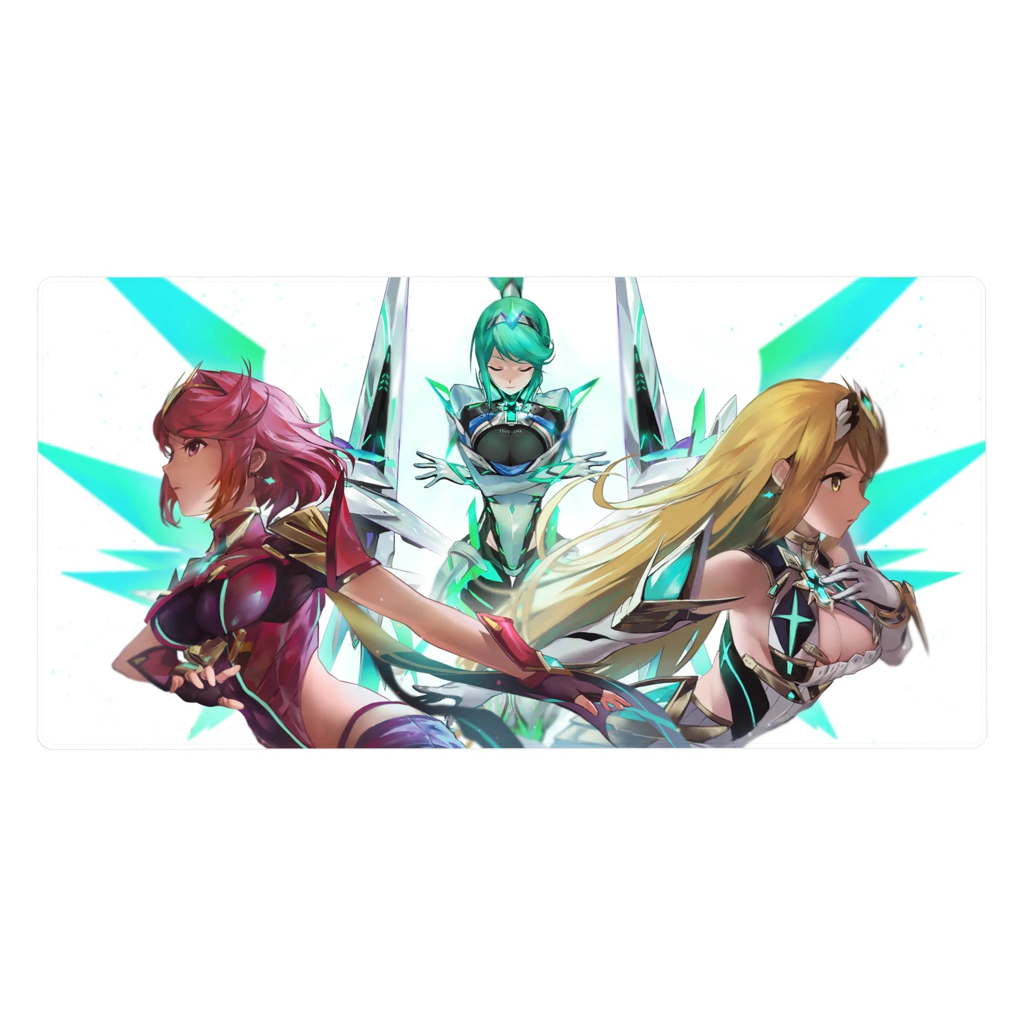 Sci-fi anime heroine trio desk pad with glossy armor and neon teal shards, 40x20 inches.