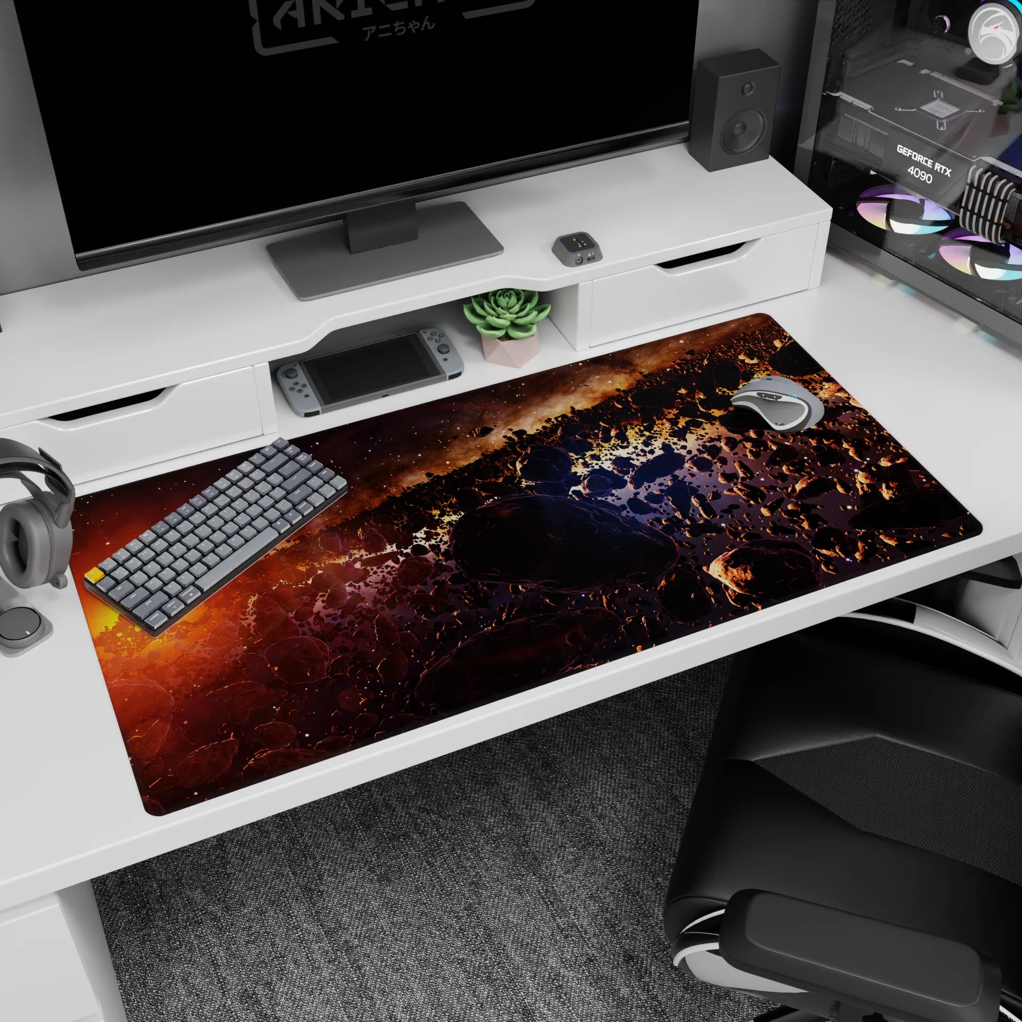 Asteroid storm scene desk pad 40x20 inches, shadowy rocks drifting over a glowing orange-purple nebula.