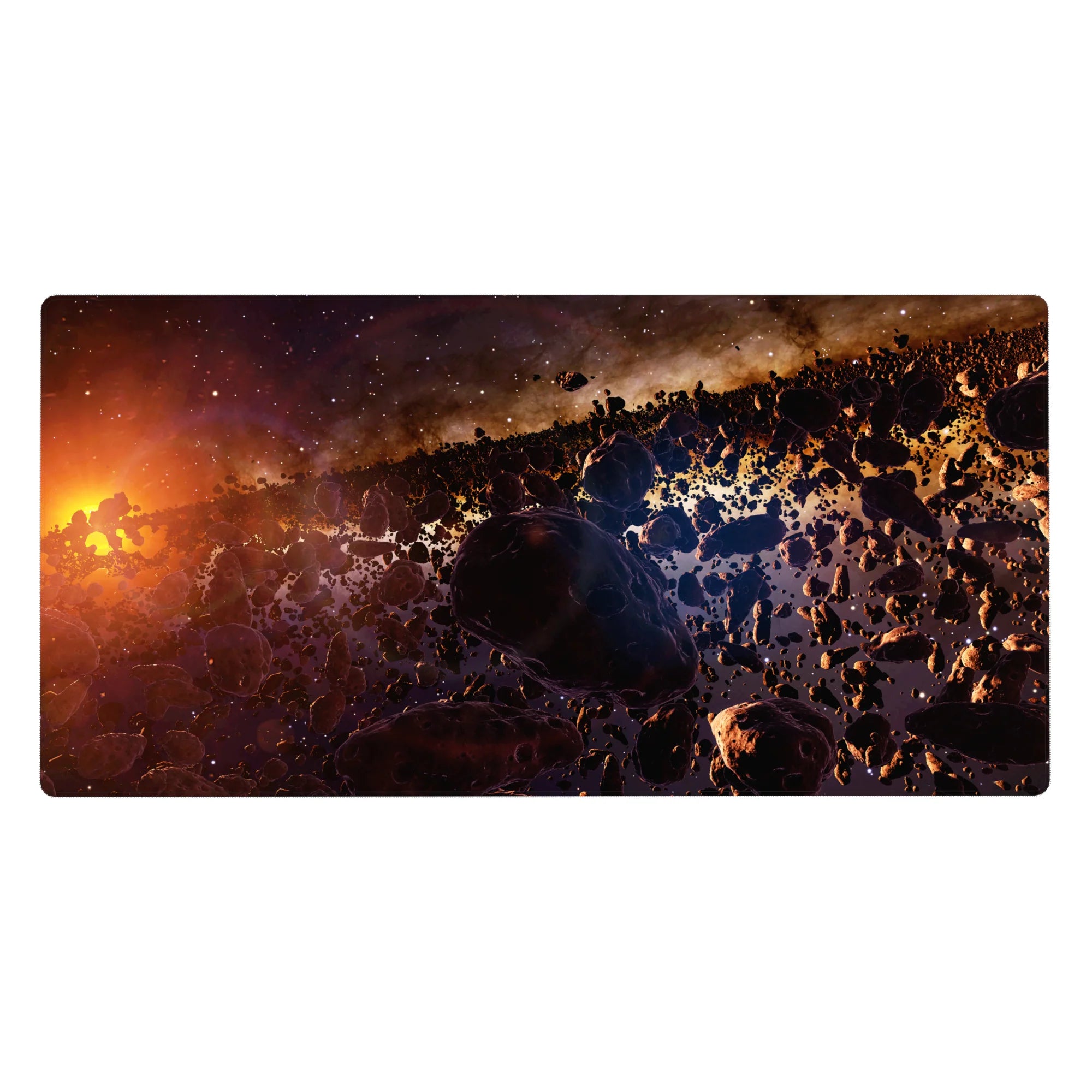 Space-themed desk pad 40x20 inches with molten sunset swirls and smoky purple asteroid scatter.