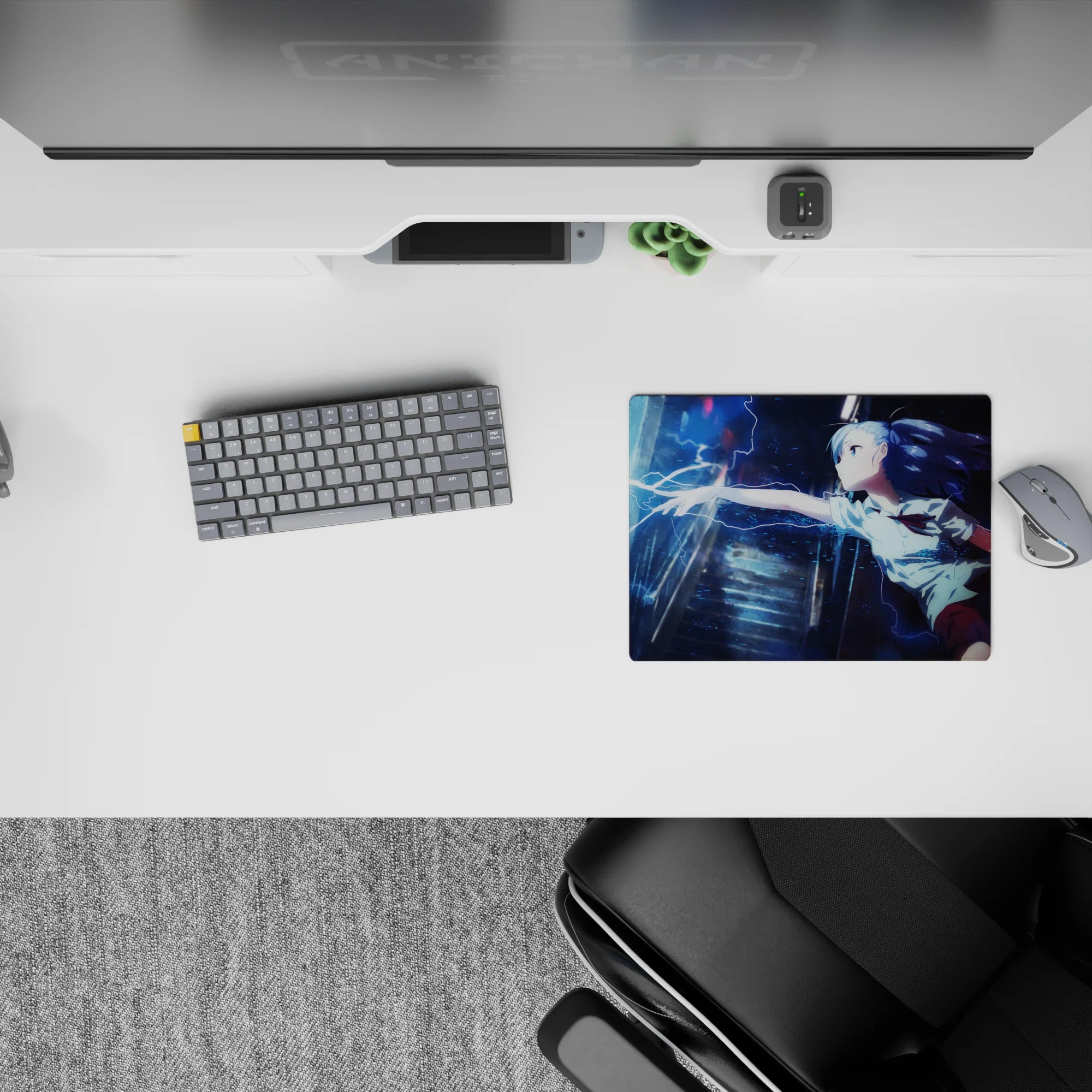 Neon storm mood anime mouse pad 14x10 inches in deep navy shadows, icy cyan arcs, and rain gloss.