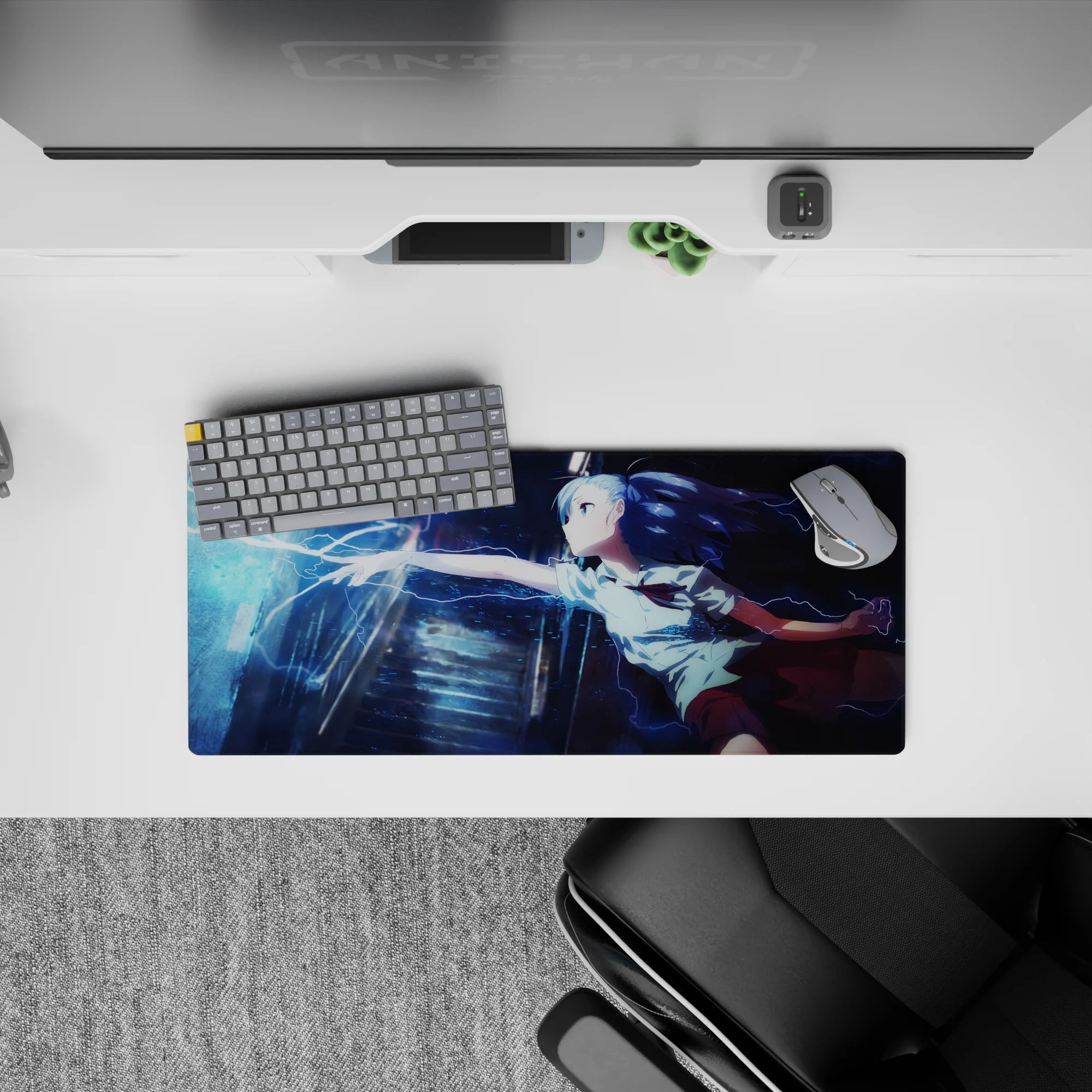 28x12 inches anime desk mouse pad in deep navy and icy cyan, neon-soaked storm vibe with crackling arcs.