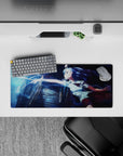 28x12 inches anime desk mouse pad in deep navy and icy cyan, neon-soaked storm vibe with crackling arcs.