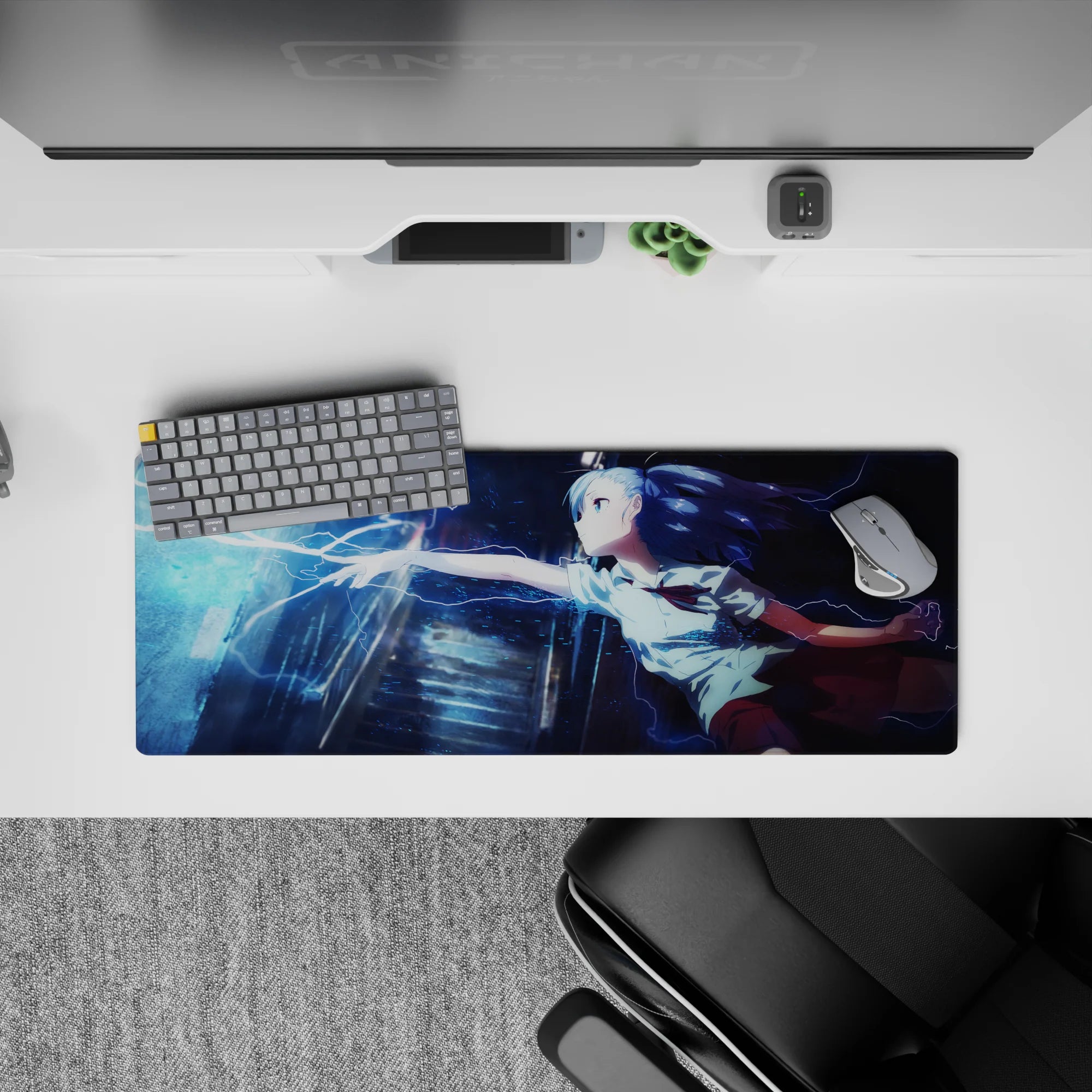 32x12 inches anime girl mouse pad in deep navy and icy cyan, stormy neon mood with rain gloss.