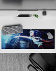32x12 inches anime girl mouse pad in deep navy and icy cyan, stormy neon mood with rain gloss.