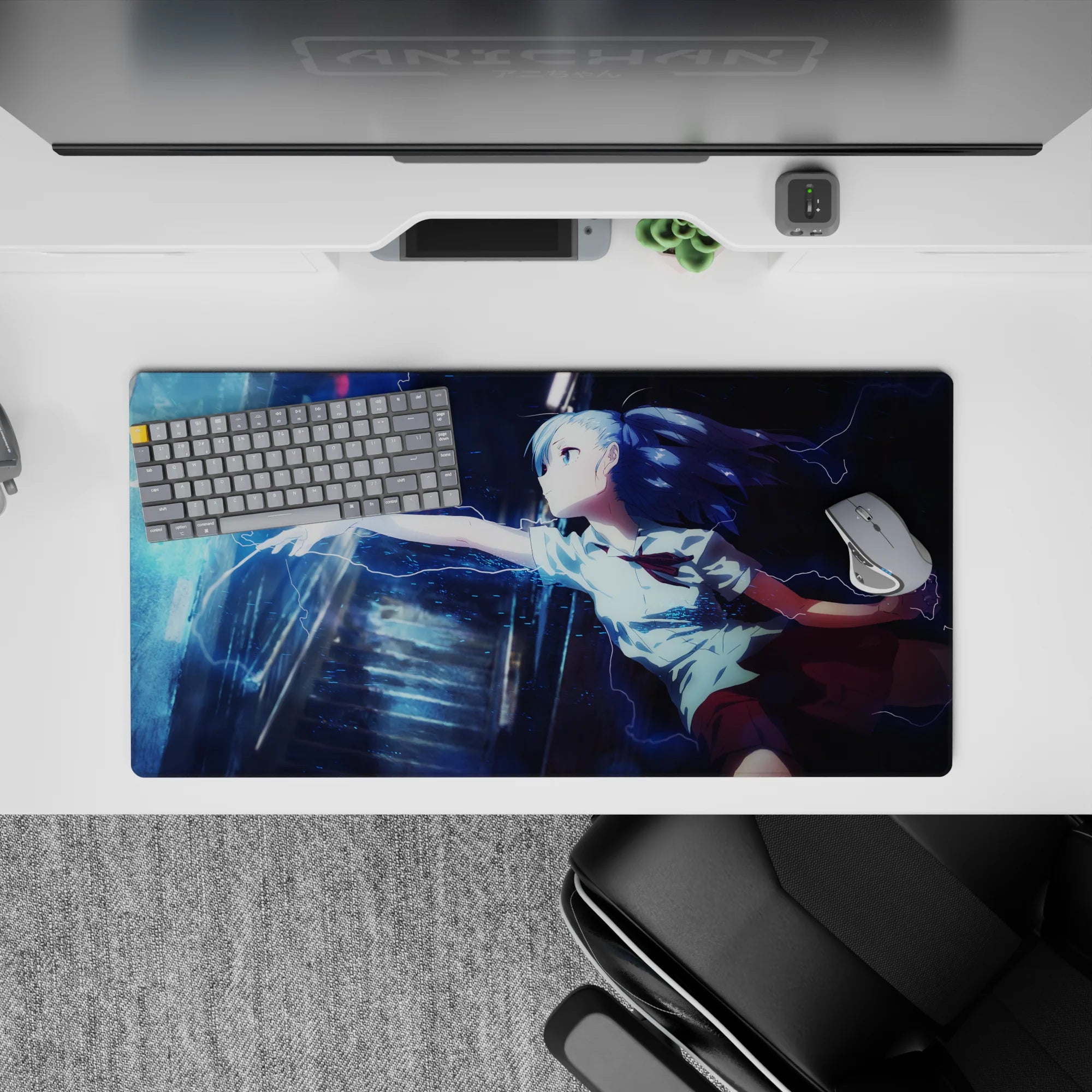 Stormy neon anime girl mouse pad 32x16 inches in deep navy, icy cyan lightning, and glossy rain.