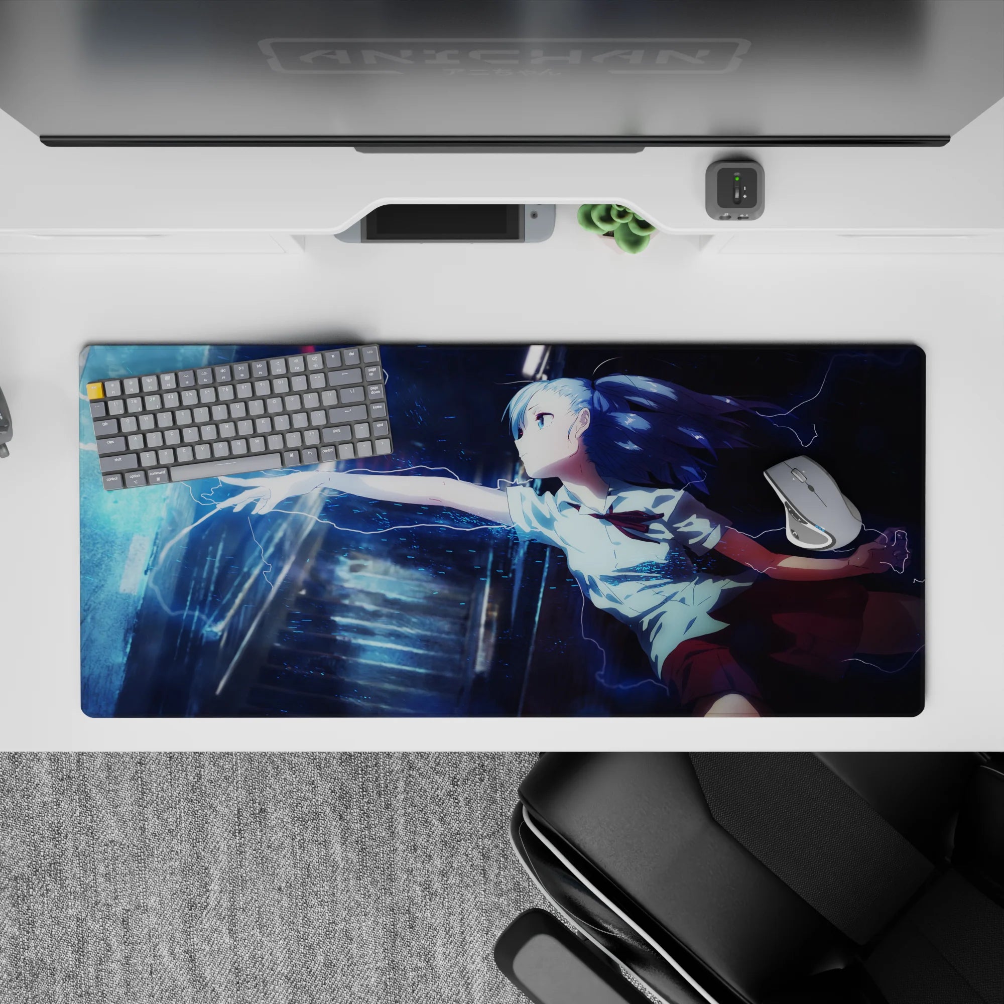 36x16 inches anime desk pad in deep navy, icy cyan sparks, glossy rain, midnight neon mood.